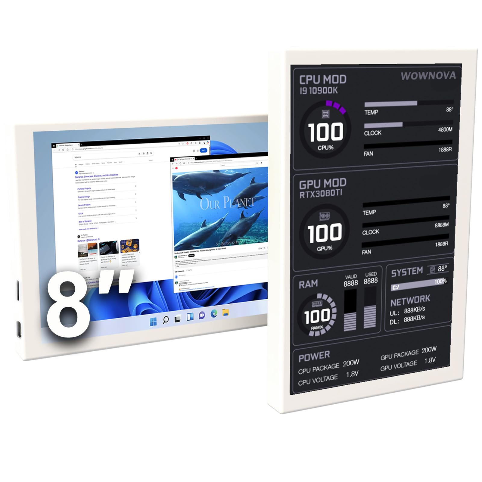 صفحه نمایش ال سی دی 8 اینچی WOWNOVA درون قاب کامپیوتر (حالت دسکتاپ اضافه شده)، 1 کلیک 1 کابل برای شروع نمایش دمای کامپیوتر، پنل سنسور برای درون قاب کامپیوتر با صفحه نمایش (سفید)