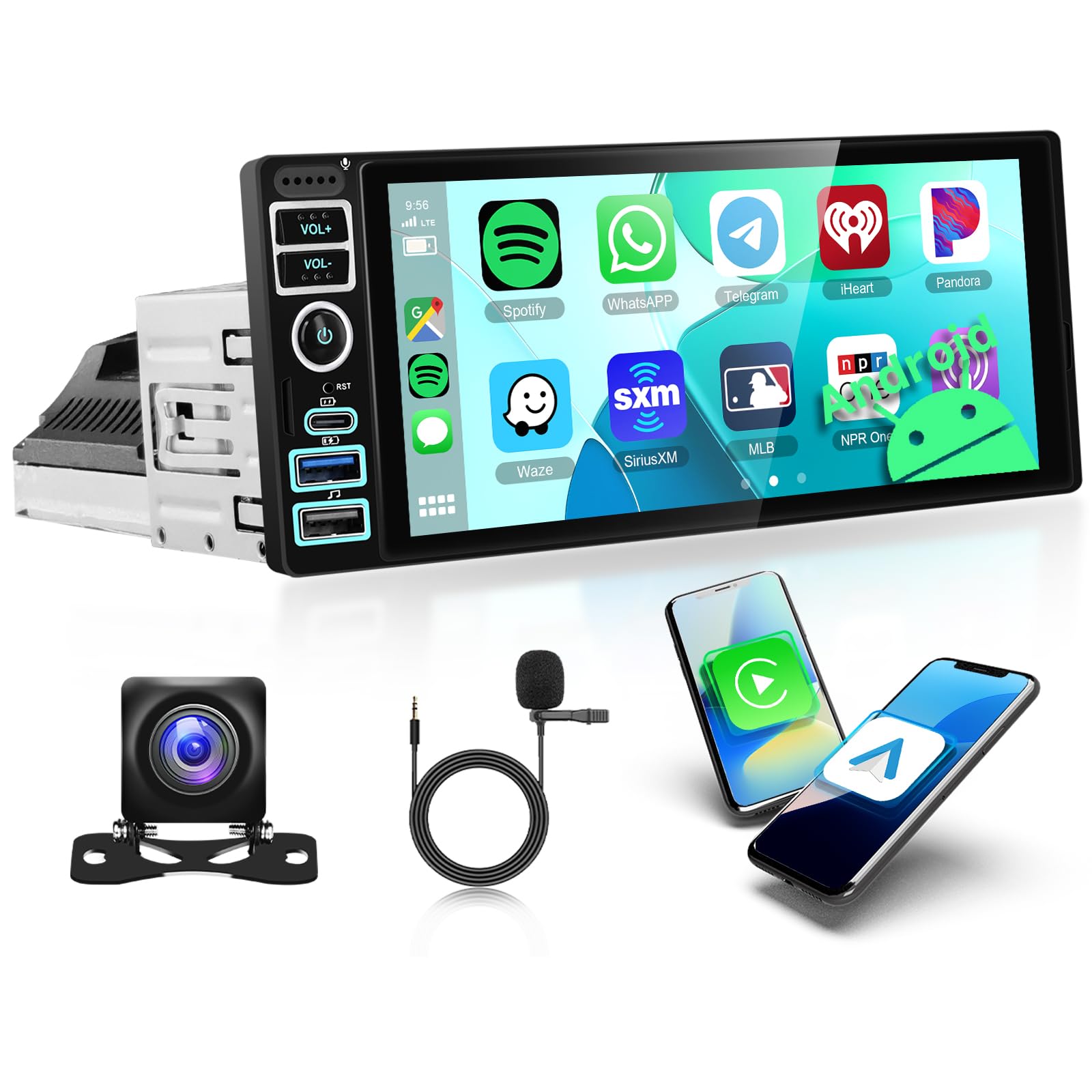 رادیو اتومبیل هودوزی وایرلس Carplay اندروید 1 DIN با صفحه 6.9 اینچی، رادیو اتومبیل بلوتوث با گی‌پی‌اس اندروید، وای‌فای، میرور لینک با RDS/FM/USB/TF، دارای دوربین عقب