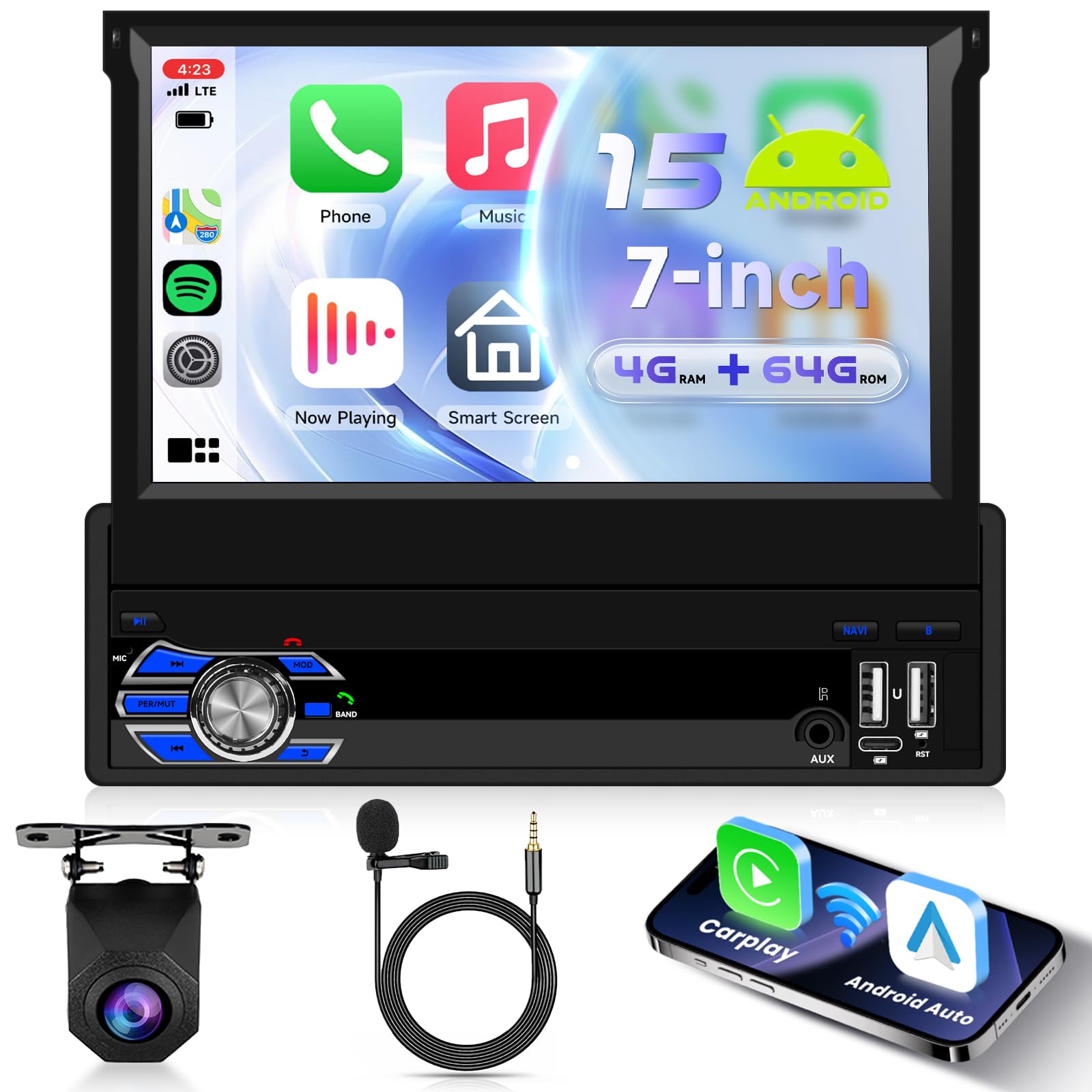 رادیو اتومبیل 1 دین 4 گیگابایت + 64 گیگابایت اندروید 15 با وایرلس Carplay اندروید، صفحه نمایش لمسی IPS HD 7 اینچی با قابلیت چرخش دستی، پشتیبانی از Bluetooth FM RDS GPS Wi-Fi USB/Type C دوربین عقب