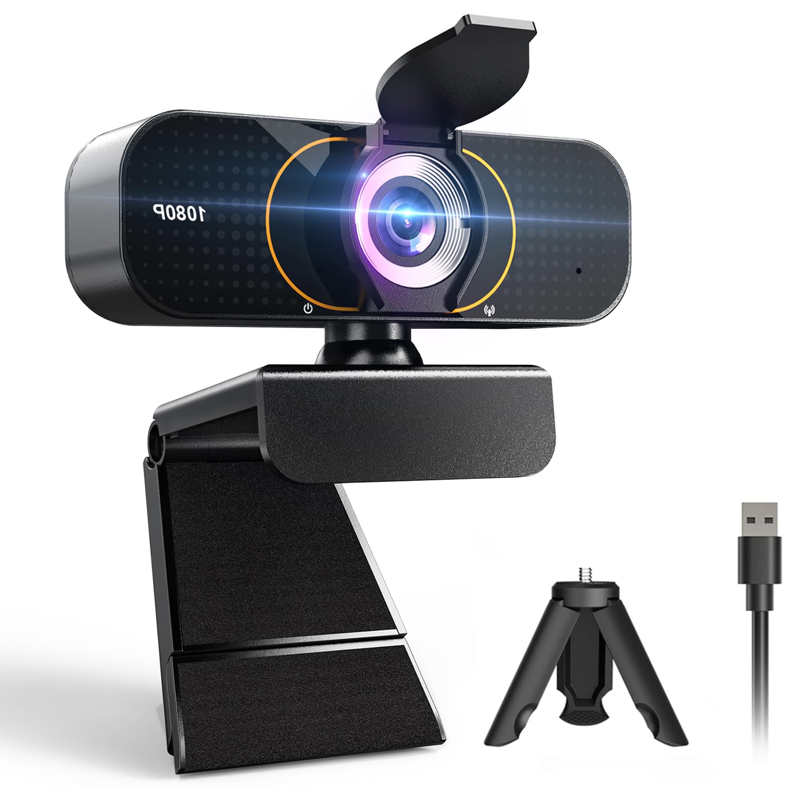 وبکم HD ویشین 1080P با تریپاد چرخان، دارای میکروفون داخلی، درپوش حریم خصوصی، دوربین زاویه گسترده، اصلاح نور خودکار، پلاگ اند پلی USB، برای لپتاپ، دسکتاپ، کامپیوتر شخصی، استریمینگ، کنفرانس ویدیو، بازیگری