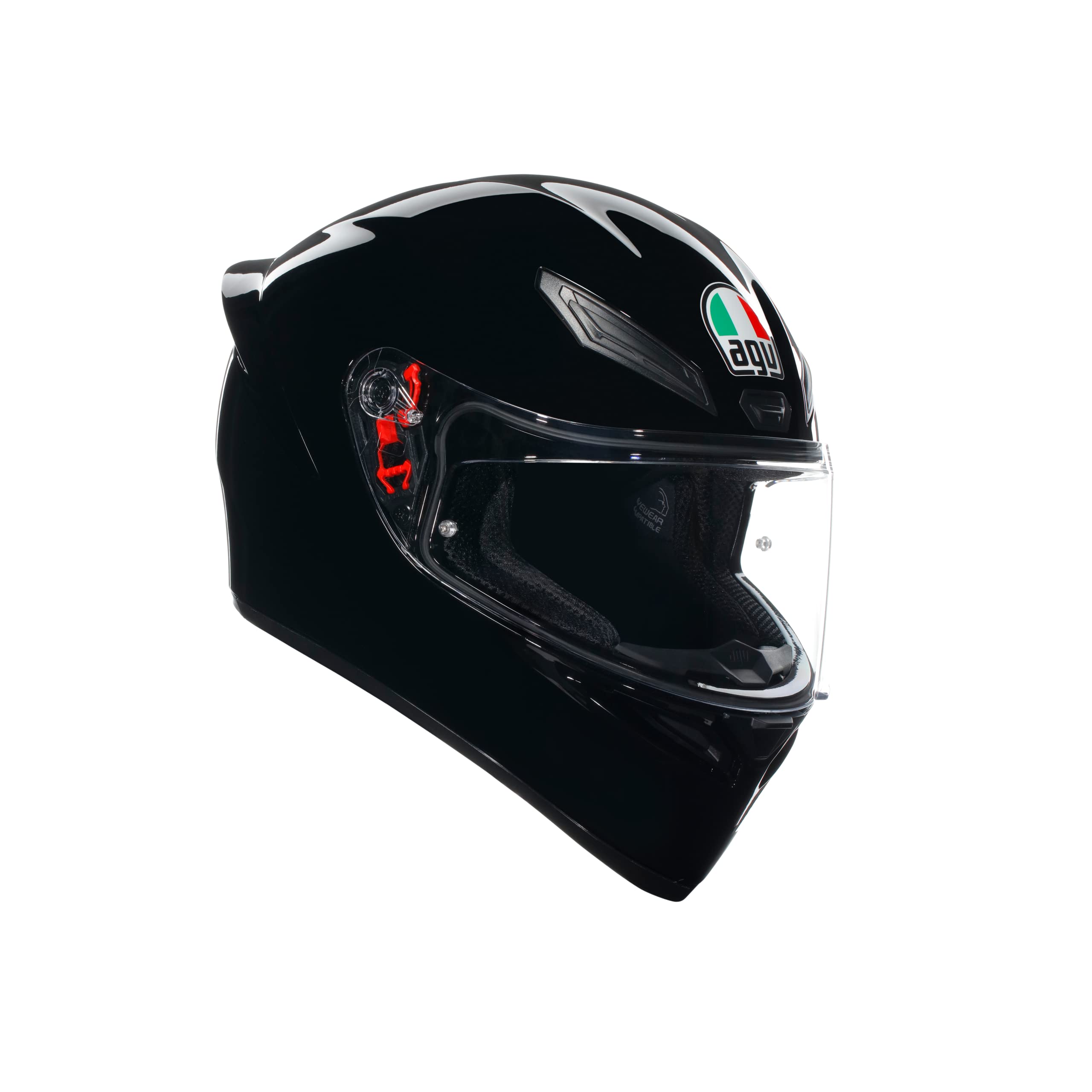 کلاه موتورسیکلت AGV - K1 S E2206، کلاه Full-face موتورسیکلت، استاندارد ECE، برای مردان، با استایل مسابقه‌ای همراه با اسپویلر، نفس‌گیرها و شیشه مقاوم در برابر خط و خش، دید 190 درجه، با قابلیت نصب اینترکام، رنگ مشکی.