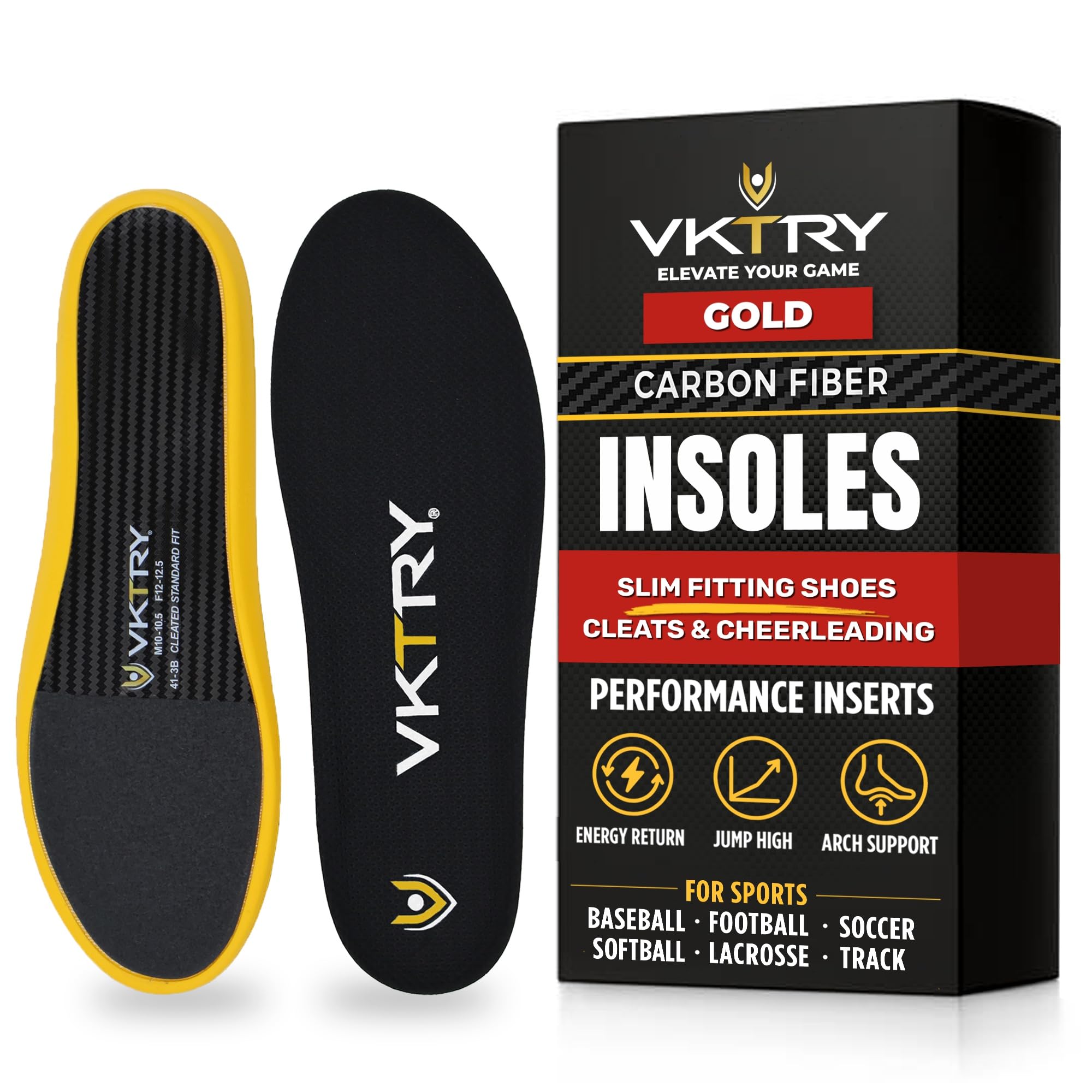 VKTRY Gold For Cleated Shoes - Carbon Fiber Performance Insoles - Customized Athletic Inserts For Soccer & Track | Shock Absorption, Run Fast, Jump High, CA: Men 8-8.5, Women 10-10.5, 171-220 lbs CA - M: 8-8.5, W: 10-10.5 - Soccer/Track Weight 171-220 Lbs