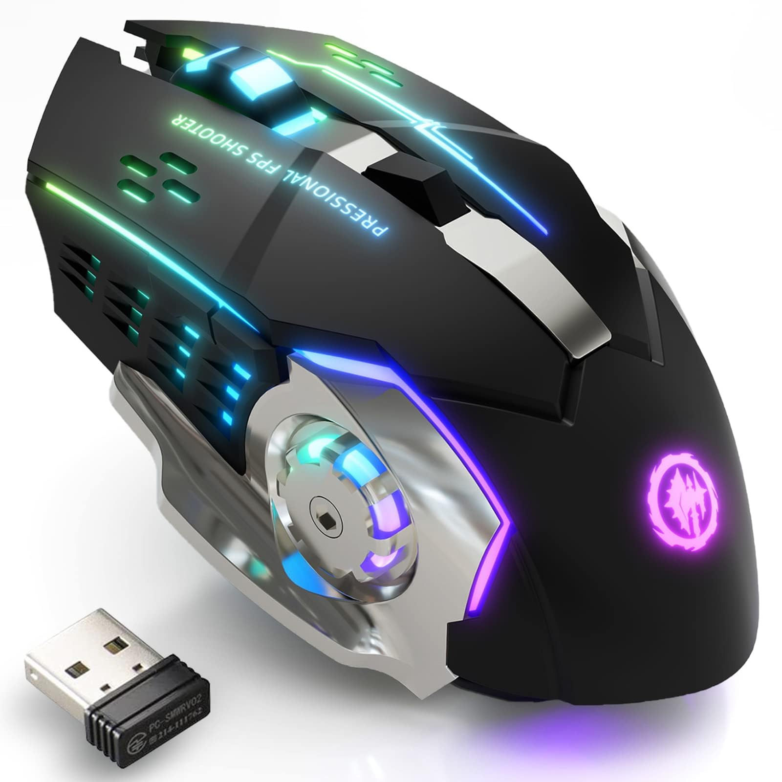 ماوس بازی بی‌سیم Uniiking® موس بلوتوث با رنگ‌های RGB قابل شارژ 2.4 گیگاهرتز USB بی‌سیم با نور پس‌زمینه 7 رنگ، 6 دکمه و کلیک سایلنت برای لپتاپ، آی‌پد، مک او اس، کامپیوتر شخصی، ویندوز - مشکی