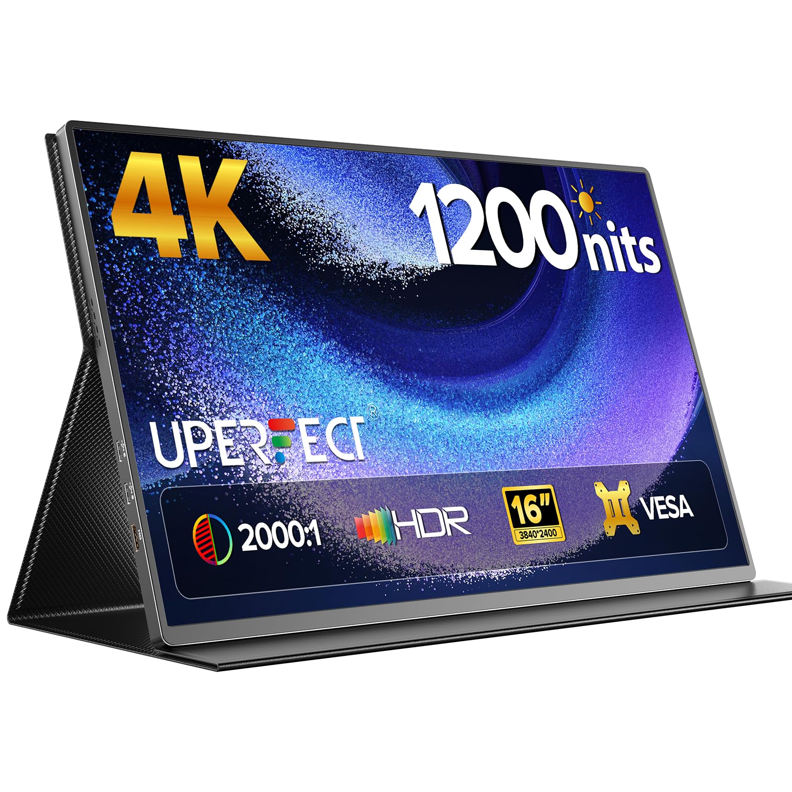 مانیتور قابل حمل یوپرفکت 4K 16" | 1200 نیت لپتاپ | 3840 * 2400 اولترا اچ‌دی | 1 میلی‌ثانیه فری‌سینک 2000:1 کنتراست | یواس‌بی-سی و اچ‌دی‌ام‌آی | وسا و کیس هوشمند | صفحه نمایش سفری برای کامپیوتر، مینی پی‌سی، کنسول‌های بازی 16" 4K 60هرتز