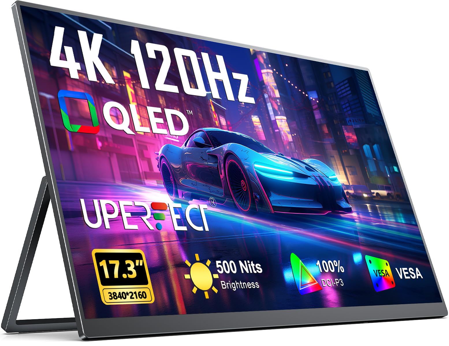 مانیتور قابل حمل UPERFECT 4K 120HZ 17.3 اینچ | 0.1 میلی‌ثانیه مانیتور بازی، 500 نیت | 3840*2160 UHD | 100% DCI-P3 | IPS سریع | USB-C و HDMI | VESA و قاب قابل تنظیم | صفحه نمایش سفری برای لپ‌تاپ، کامپیوتر، کنسول‌های بازی 17.3 اینچ 4K 120Hz