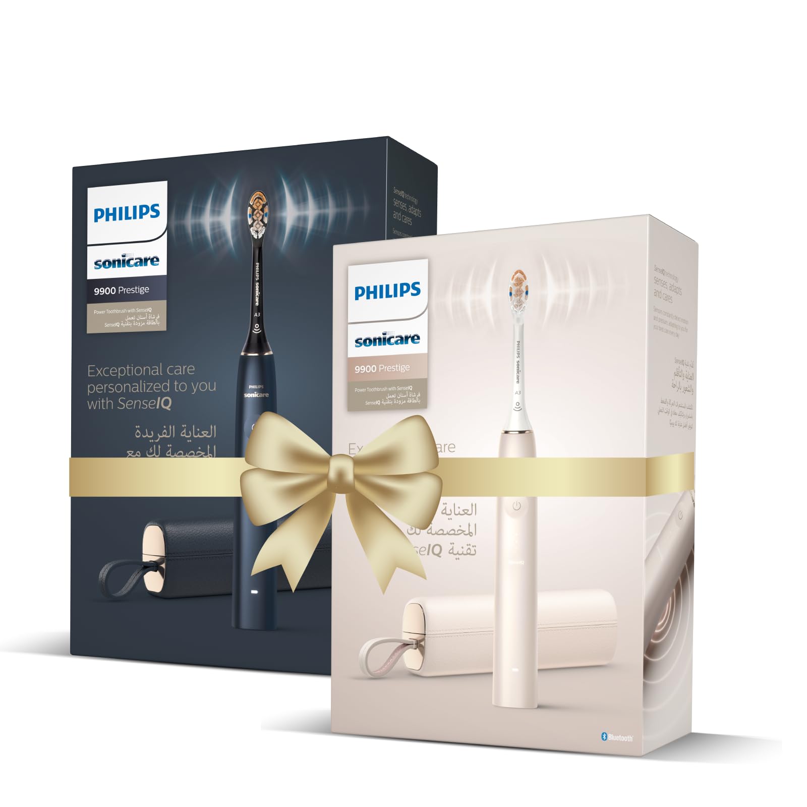 لطفاً ترجمه‌ای برای پیشنهاد بسته مسواک برقی Phillips Sonicare 9900 Prestige - HX9992/21 (شامپاین) + HX9992/22 (آبی نیمه‌شب) - دارای پریز 3 پین استاندارد اتحادیه امارات عربی را ارائه دهید.