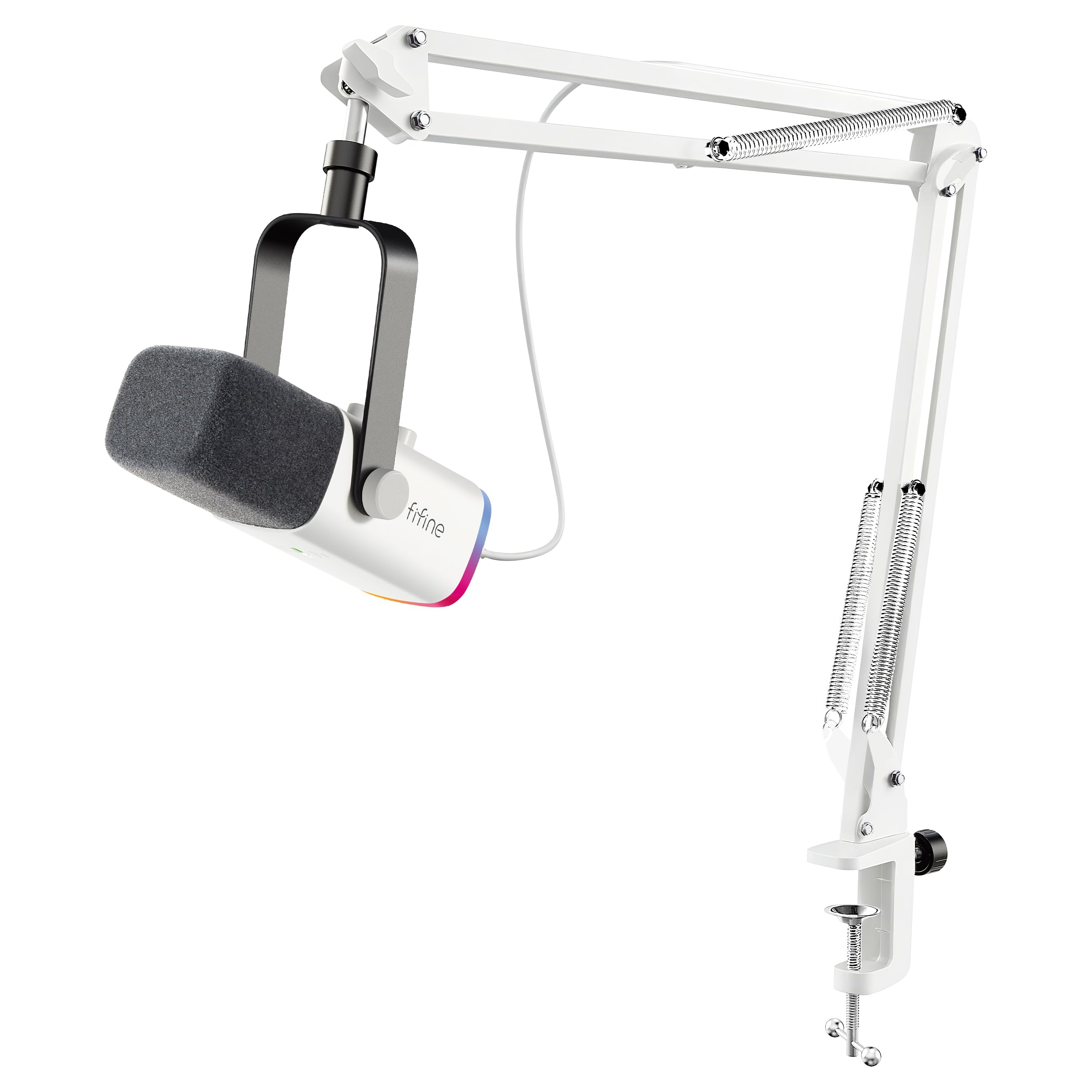 میکروفون پادکست داینامیک استریمینگ ایکس ال آر فایفاین، میکروفون USB با رنگهای RGB برای بازی و پشتیبانی از میکروفون برای کامپیوتر PS4 PS5، برای استودیو پادکست و ضبط پادکست - میکروفون سفید با بازوی سفید (میکروفون + بازو)