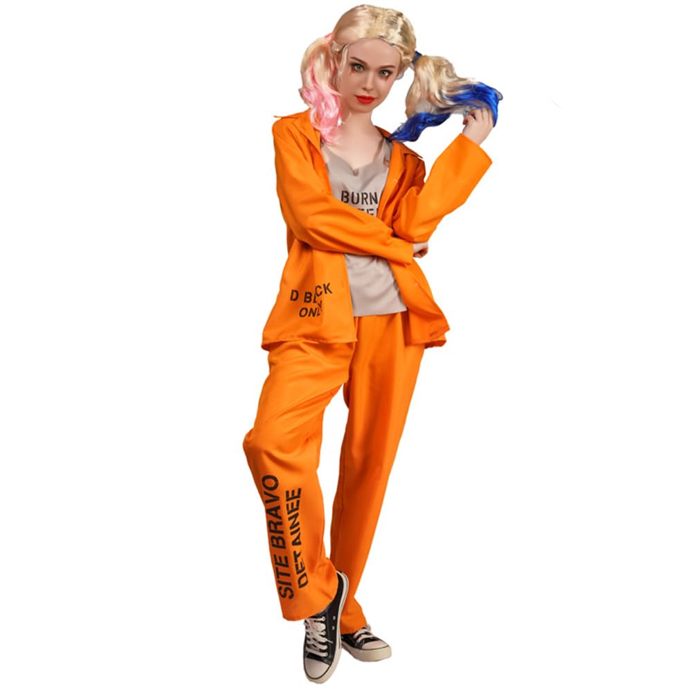 کارگردان Prisoner لباس مردانه پرتقالی لباس زنانه زندانی لباس محکوم Halloween پرتقالی Prisoner Jumpsuit برای بزرگسالان رامپر دست بلند لباس زندانی Romper Inmate Criminal Cosplay S زنان
