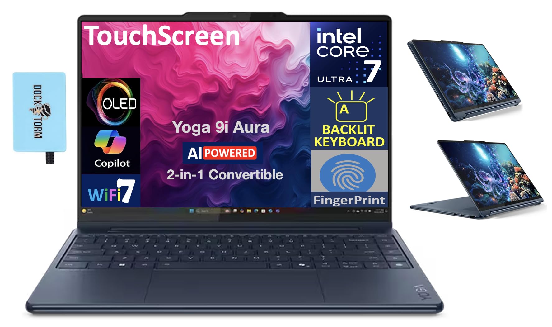 لپتاپ 2 در 1 لنوو یوگا 9i ویرژن آورا با عملکرد بالا، با صفحه نمایش OLED لمسی 14.0 اینچی 2.8K (انتل الترا 7-258V، 32 گیگابایت LPDDR5X، 1 ترابایت حافظه داخلی SSD، صفحه کلید پشت نوری، اثر انگشت، ویندوز 11 پرو) همراه با تبدیل پورت USB DKZ، 32 گیگابایت رم|1 ترابایت حافظه داخلی SSD، ویندوز 11 پرو