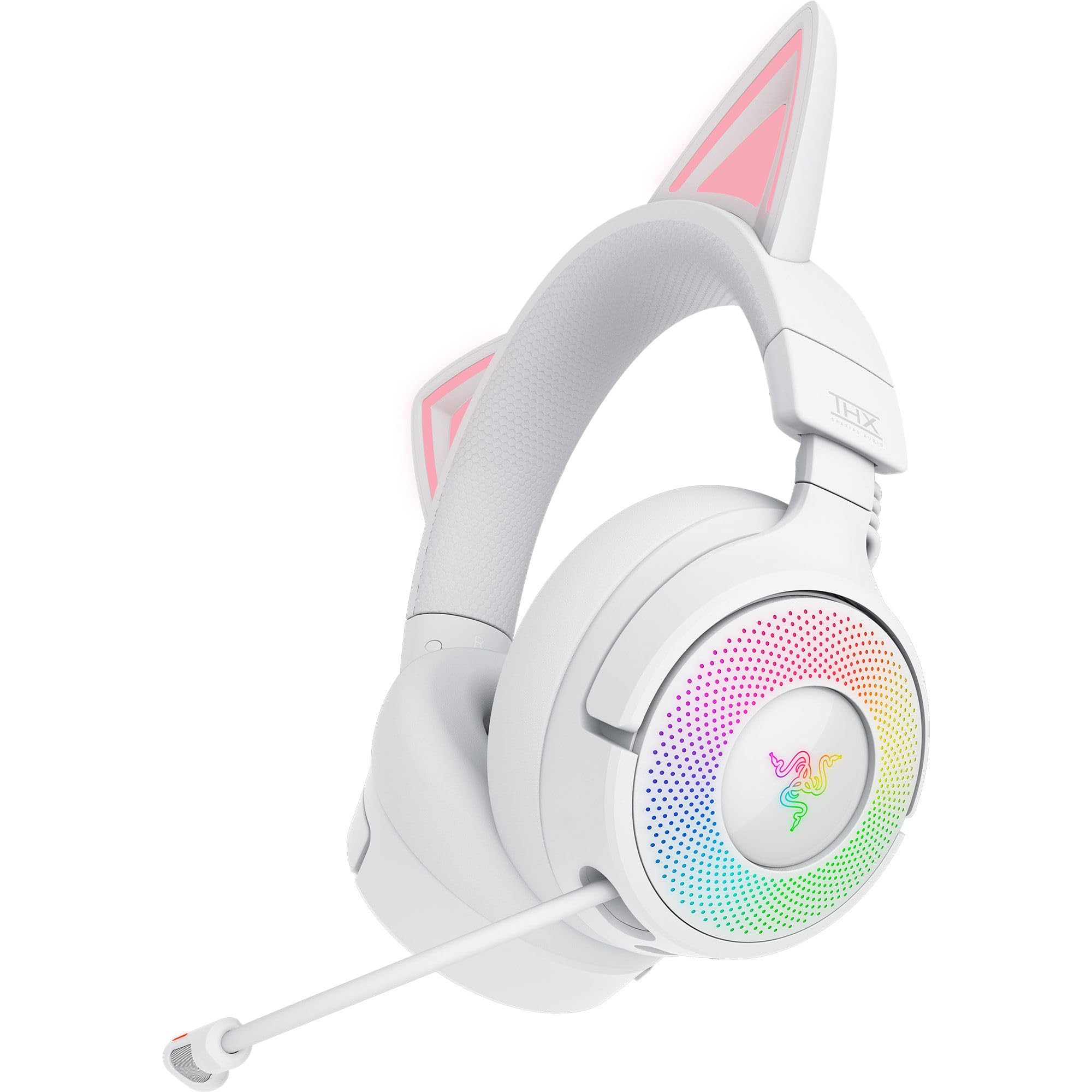 هدست بازی بی‌سیم RGB Razer Kraken Kitty V3 Pro: گوش‌های RGB Kitty Chroma - 2.4 گیگاهرتز، بلوتوث 5.3، یو‌اس‌بی A - میکروفن فوق‌پهن باند - درایورهای 40 میلیمتری - صدای فضایی THX - کوسن‌های گوش راحت - سفید