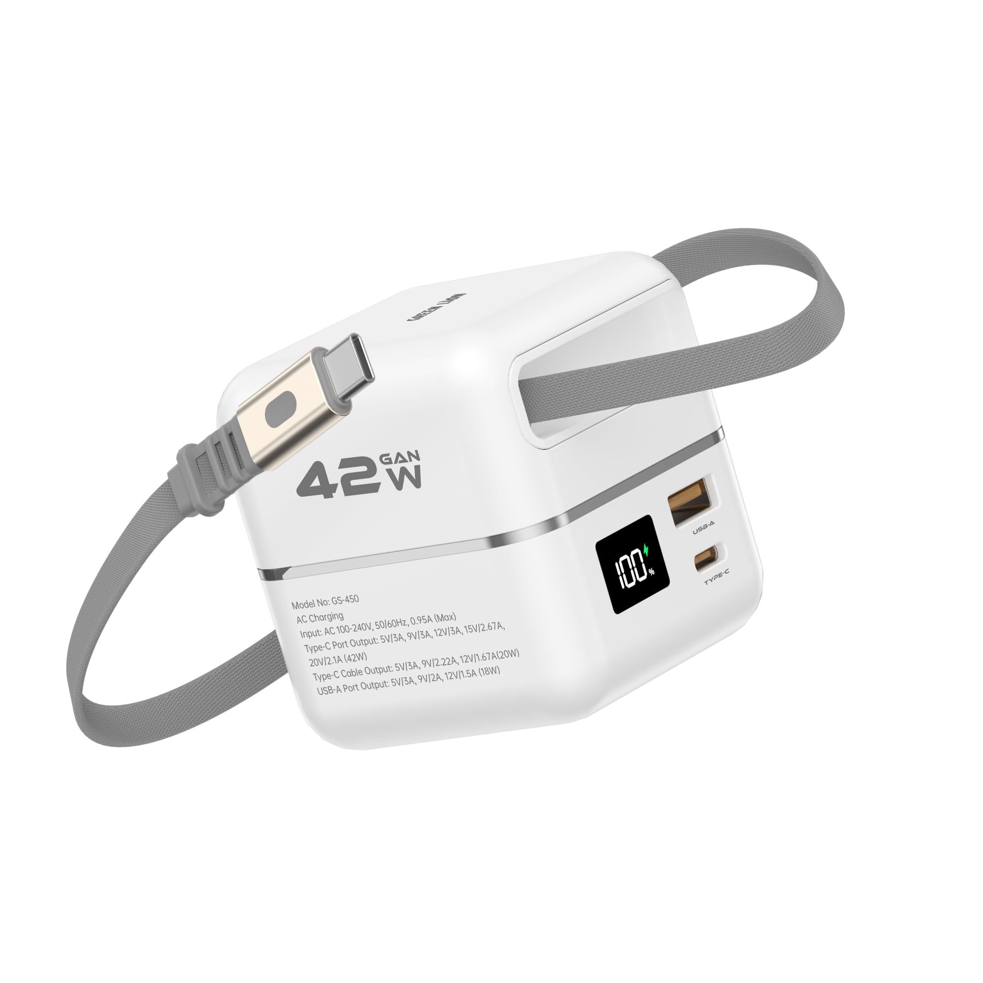 شارژر هیبرید 2 در 1 Green Lion ویترین  و پاور بانک 5000 میلی آمپر ساعت، آداپتور دیواری PD 45 وات با کابل USB-C قابل کشو، نمایشگر دیجیتال و 3 خروجی - سفید