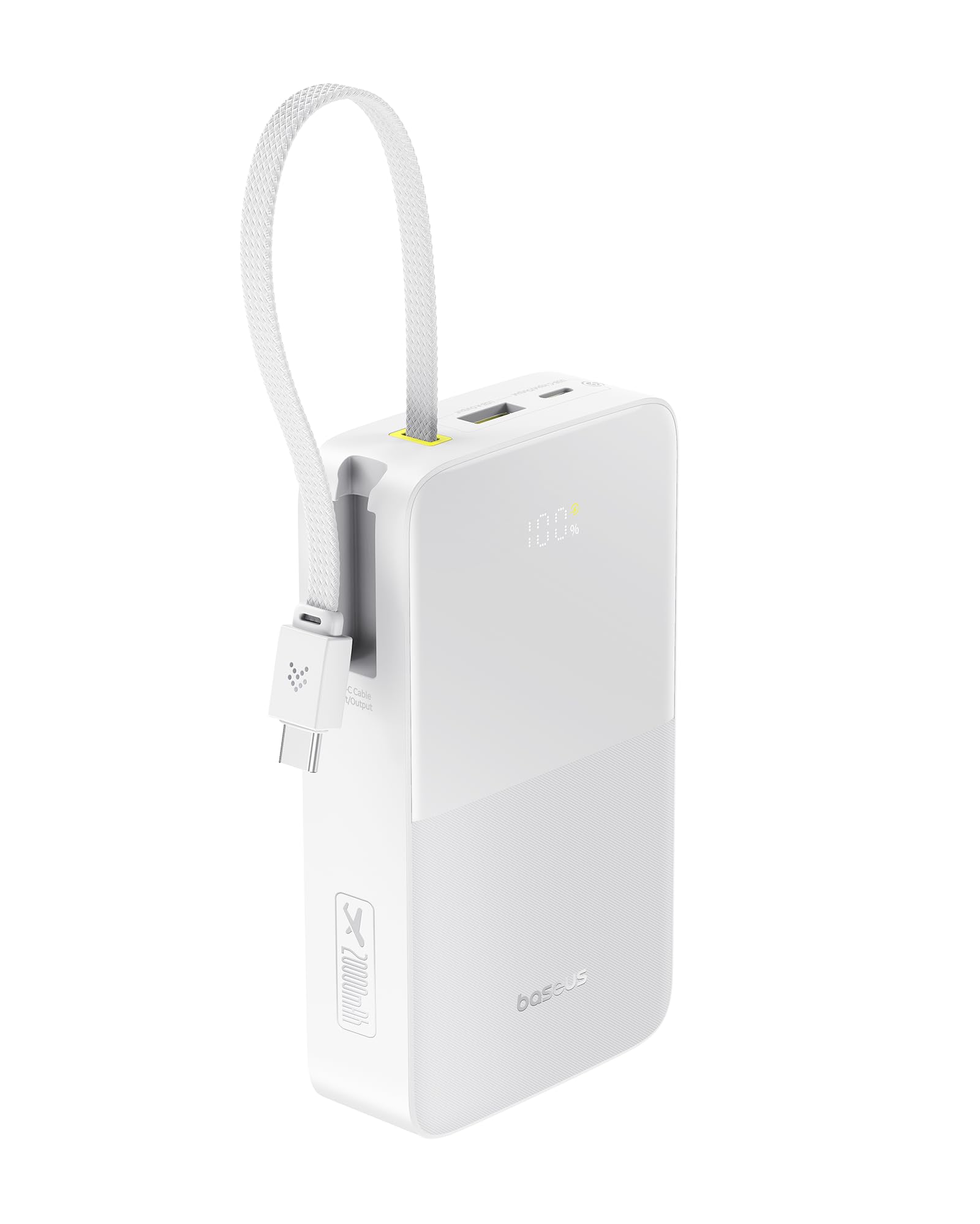 پاوربانک Baseus EnerFill Bipow2 Pro 20000mAh با شارژ سریع USB-C PD 22.5W و QC 3.0، کابل USB-C نایلونی داخلی، نمایشگر دیجیتال LED، شارژر قابل حمل کوچک برای آیفون 16، تایید شده توسط ایرلاین، رنگ سفید 20،000mAh-22.5W