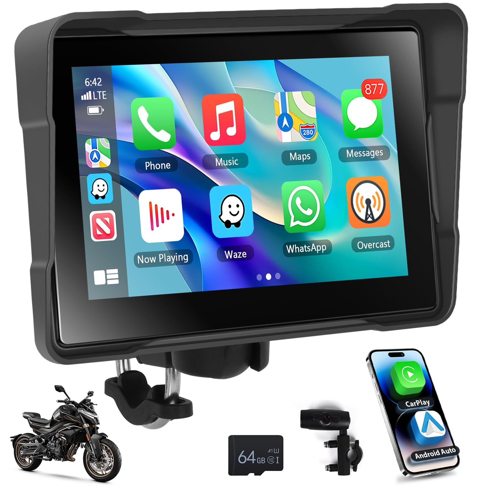 رادیو خودرو Carplay برای موتورسیکلت با صفحه نمایش 5 اینچی ضد آب IP67، صفحه نمایش لمسی قابل حمل موتو پشتیبانی از اندروید Car SWC/Bluetooth/GPS/DVR/+ دوربین نمایش رو به جلو و عقب + کارت TF 64G