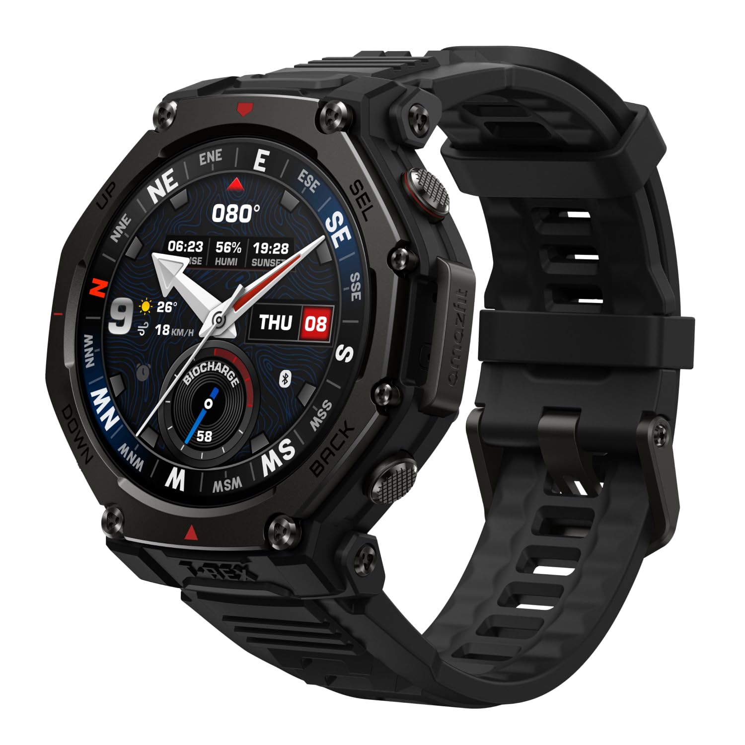 ساعت هوشمند Amazfit T-Rex 3 Pro بیرونی 48 میلی‌متری با نمایشگر AMOLED سافیر، بیزل تیتانیوم، GPS دو بانده، نقشه‌های آفلاین، باتری 25 روزه، چراغ قوه یکپارچه، 10 ATM، بیش از 180 حالت ورزشی برای آندروید و آیفون نرمال سیاه