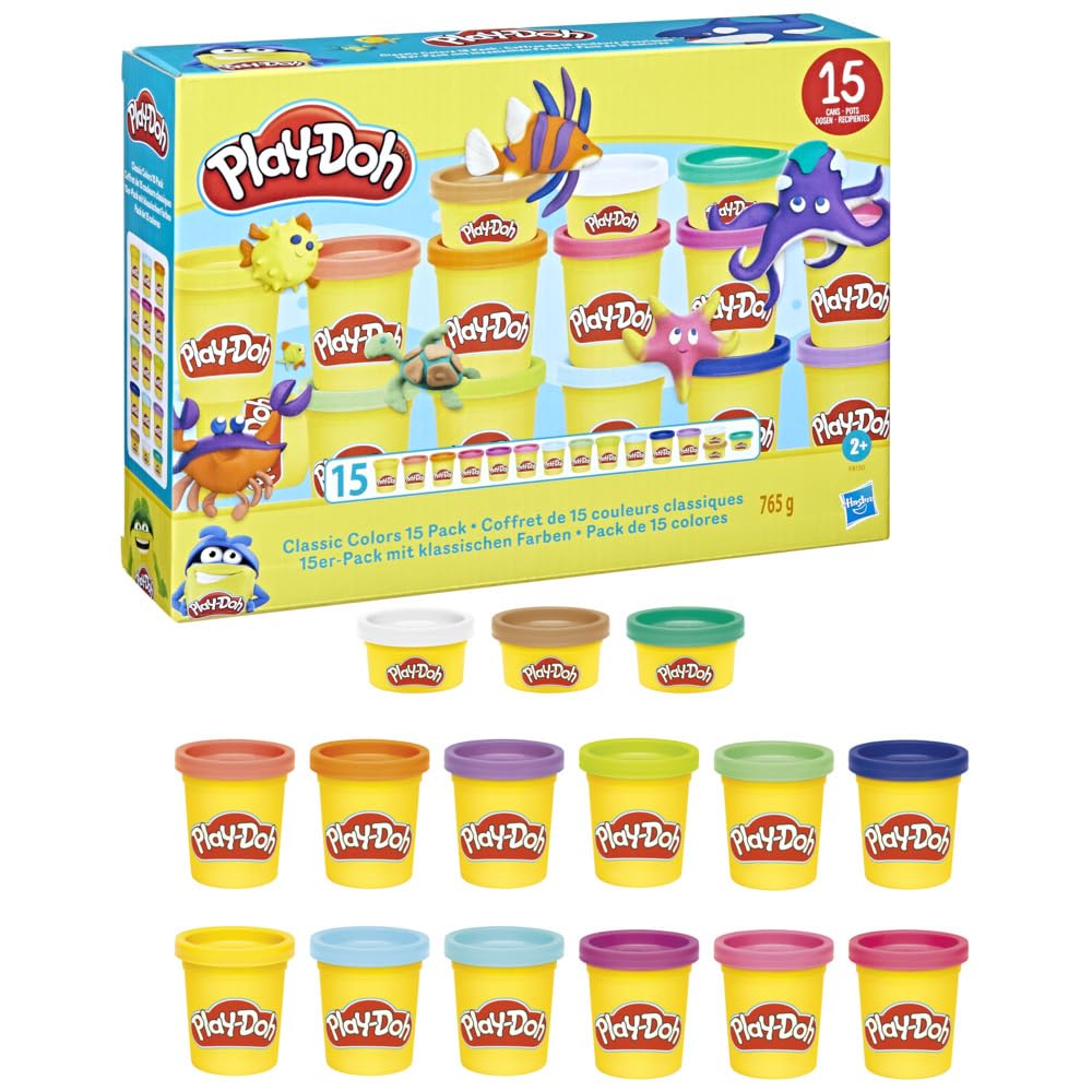 مجموعه ۱۵ عددی رنگارنگ کلاسیک Play-Doh از ماده قالب‌زنی، مجموعه بزرگ Play-Doh، هنر و صنایع دستی برای کودکان، بسته‌ای شامل ۲ اونس بانهای Play-Doh