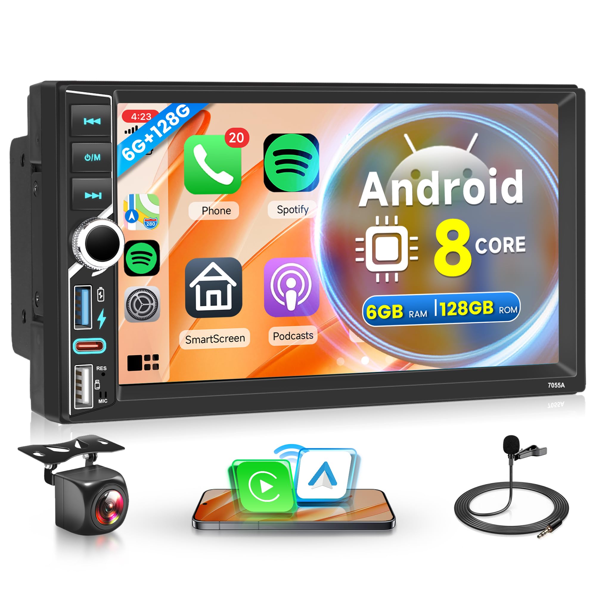 رادیو خودرو اندروید ۲ DIN ۸ هسته‌ای با ۶ گیگابایت + ۱۲۸ گیگابایت و قابلیت Carplay بی‌سیم با اندروید Car