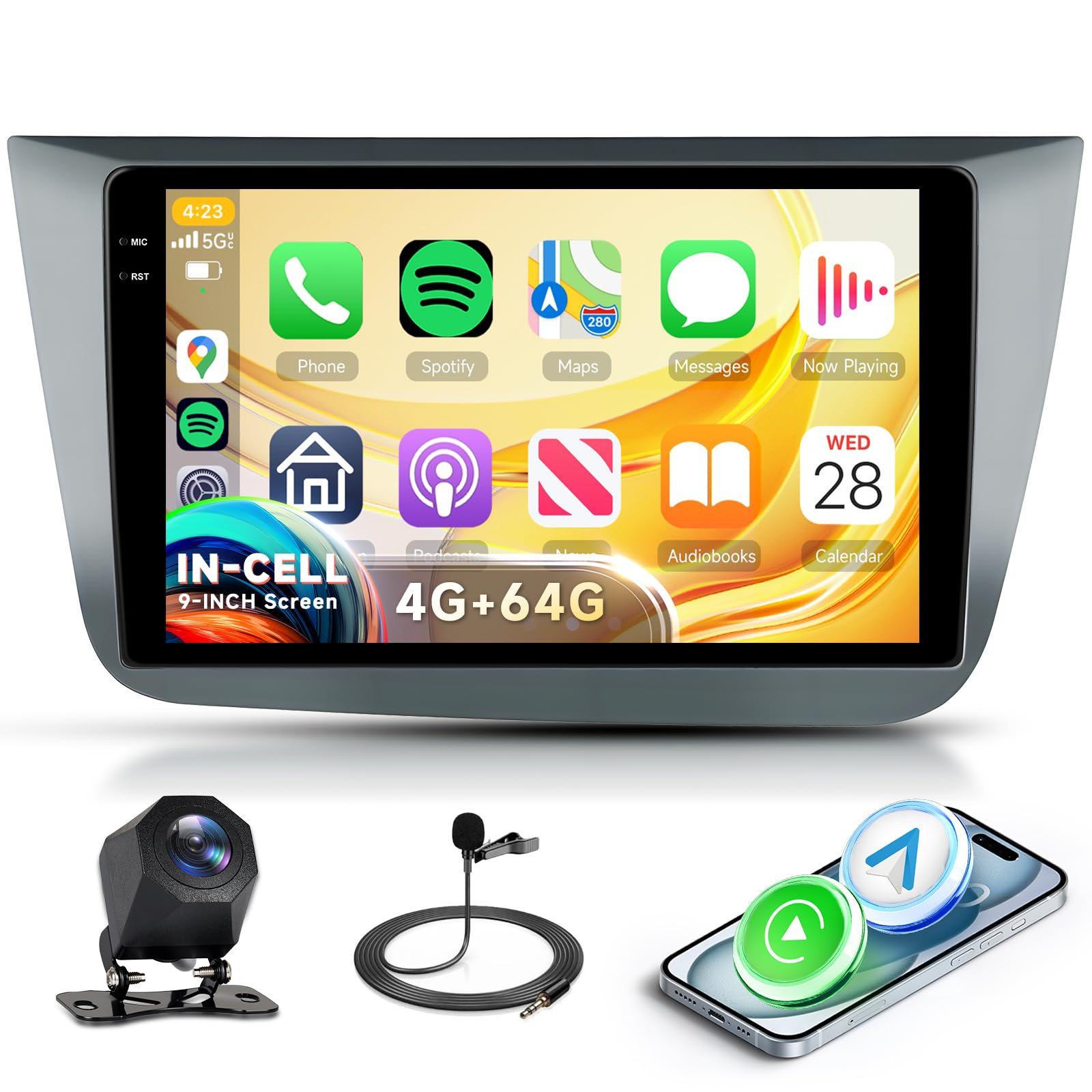 رادیو اندروید 9 اینچی برای اتومبیل سیت آلتا 2004-2015 و تولیدو 2004-2009 با قابلیت 4G و 64G، شامل وایرلس کارپلی، ناوبری اندروید، GPS، لینک آینه، بلوتوث، FM/RDS/DAB/DVR/EQ/WiFi و کنترل فرمان اتومبیل