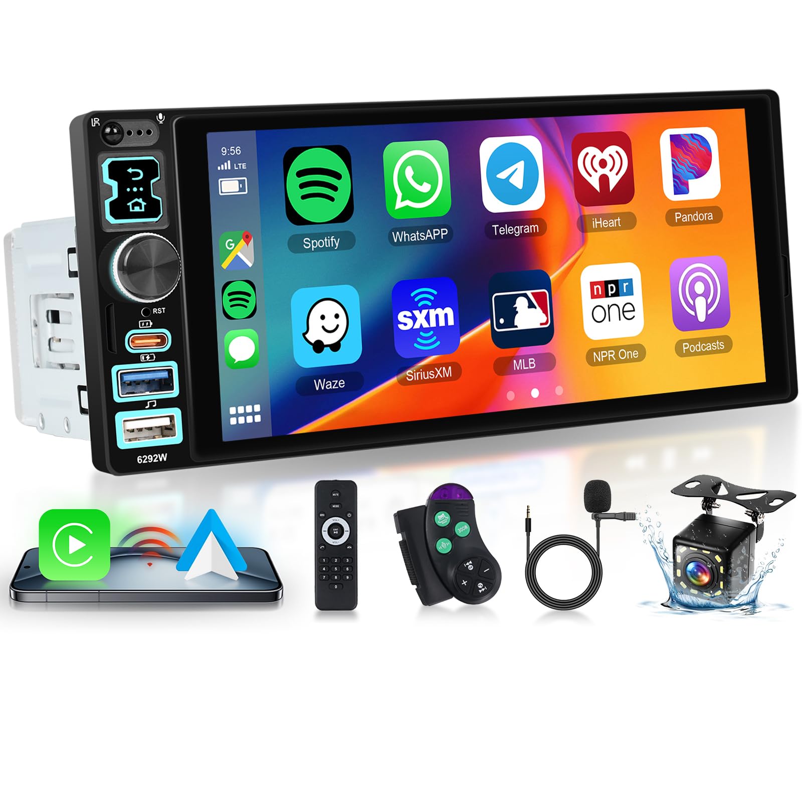 رادیو خودروی بی‌سیم Hodozzy 2025 با Carplay 1 DIN اندروید خودرو با صفحه نمایش 6.8 اینچی، بلوتوث رادیو خودرو، قابلیت Mirror Link/FM/2 USB/USB-C/SD/میکروفن + دوربین عقب