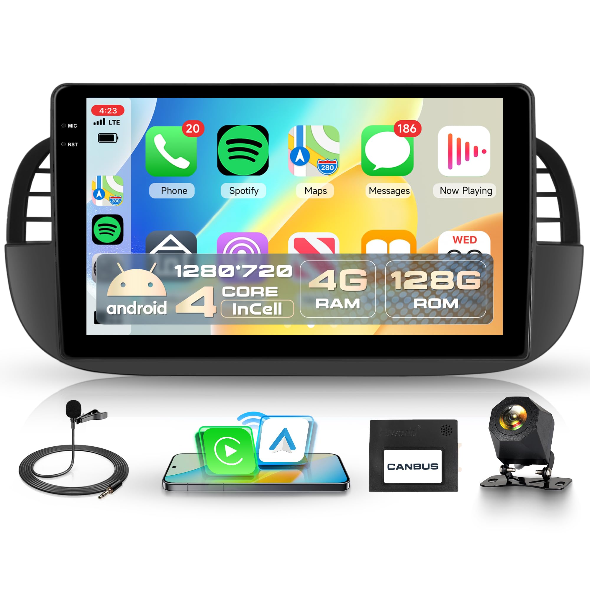 رادیو اندرویدی خودروی بی‌سیم 4G + 128G با قابلیت CarPlay برای فیات 500 مدل‌های ۲۰۰۷-۲۰۱۵