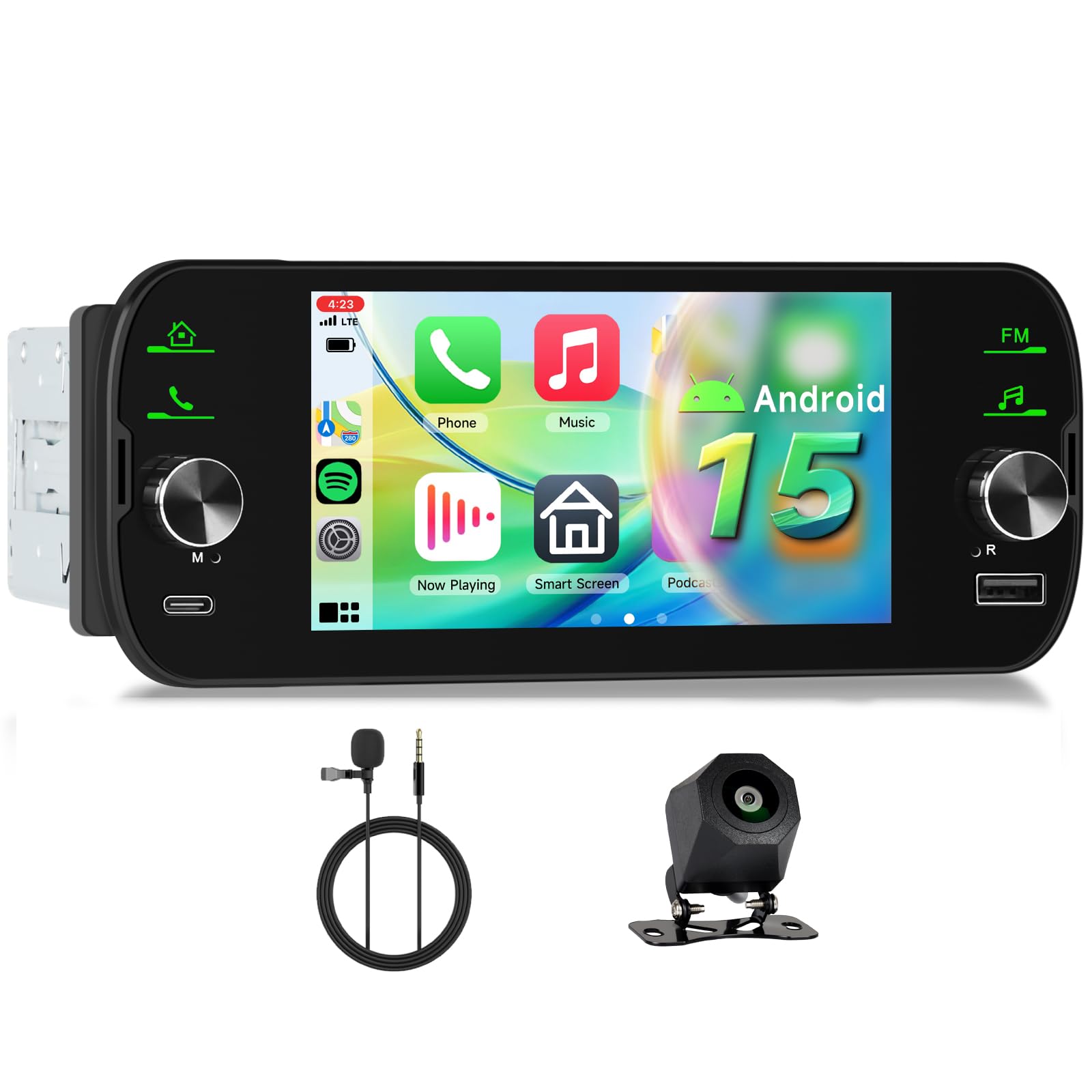 رادیو اتومبیلی Hodozzy بی‌سیم Carplay اندروید 1 DIN با درگاه‌های USB و USB-C، صفحه 5 اینچی، رادیو اتومبیل، بلوتوث با اندروید اتومبیل، جی پی اس، وای فای، DSP، RDS FM با دوربین عقب