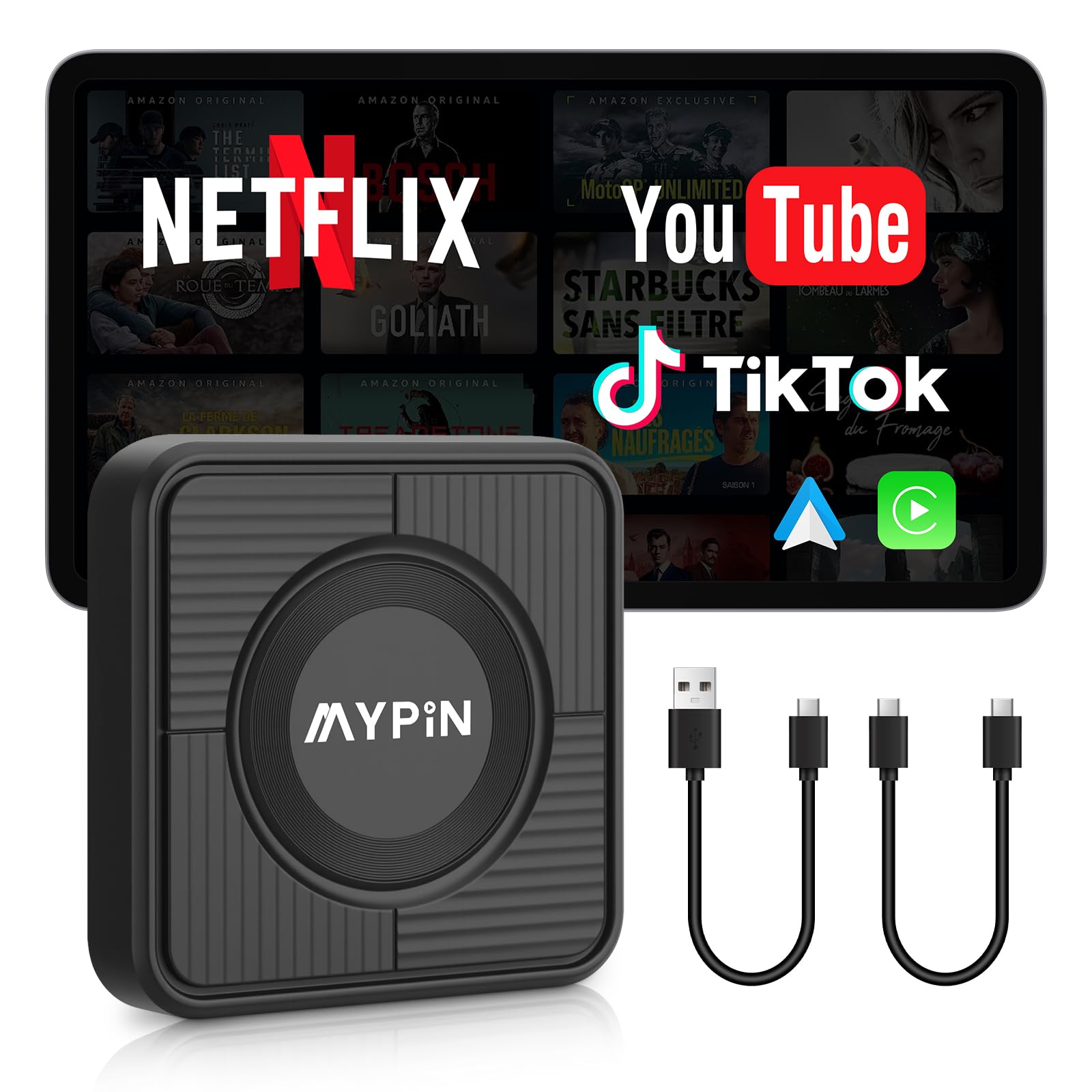 آداپتور بی‌سیم MYPIN برای CarPlay، آداپتور 3 در 1 برای CarPlay/Android Car/Video، قابل اتصال و استفاده، دارای Netflix یوتیوب، پشتیبانی از کارت TF، کابل USB A/C، سازگار با آیفون و اندروید (مشکی)