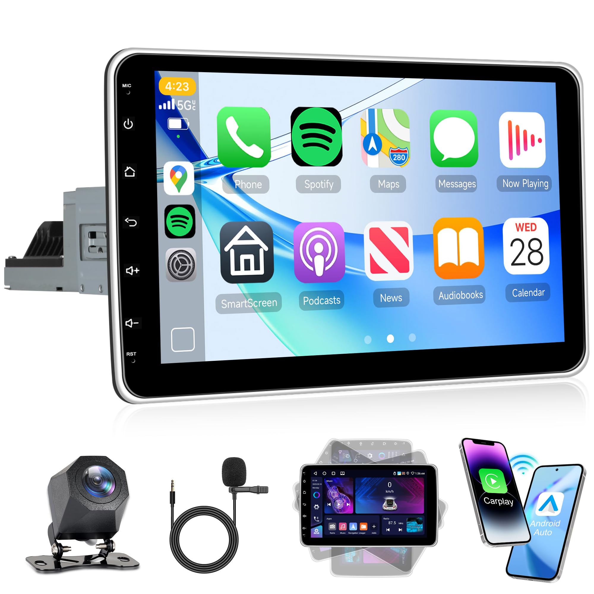 رادیو اتومبیل اندروید 1 DIN 64 گیگابایت با 4G با Carplay بی‌سیم، ردیابی GPS اندروید اتومبیل با صفحه نمایش 10 اینچی چرخشی