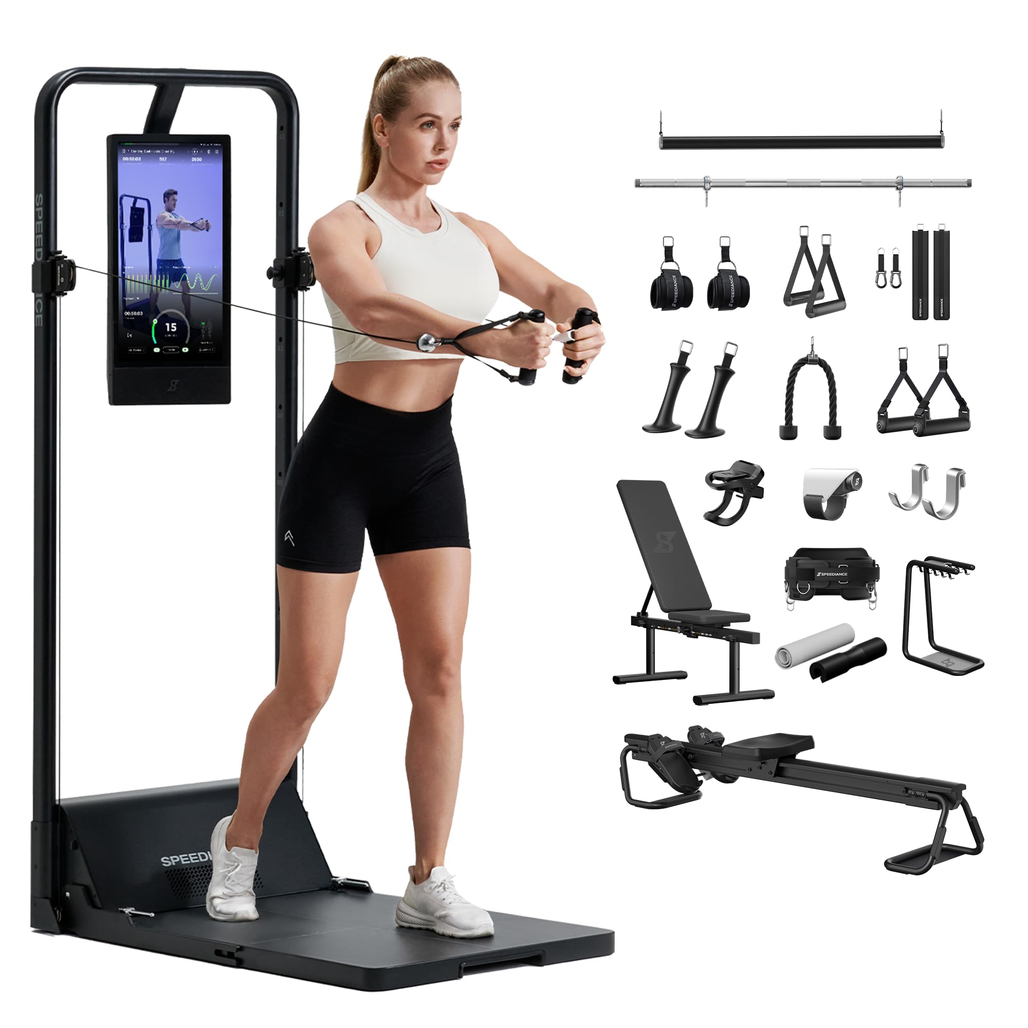 تجهیزات تناسب اندام تمرینی منزل هوشمند Gym Monster 2، دستگاه تمرین هوش مصنوعی به‌روز، دستگاه تمرین چندکاره اسمیت، تجهیزات تمرین قدرتی بدن کامل، ایستگاه تمرین همه در یک - بسته کامل (15 قطعه)