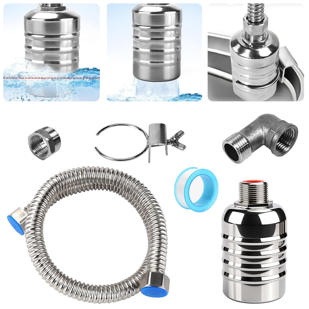 شیر تنظیم سطح آب استیل ویژه VGECEE با سایز 1/2 یا 3/4 اینچ، شیر کنترل سطح آب خودکار، شیر کنترل سطح آب با شیر شناور و لوله مجعد و نوار تفلون برای آب