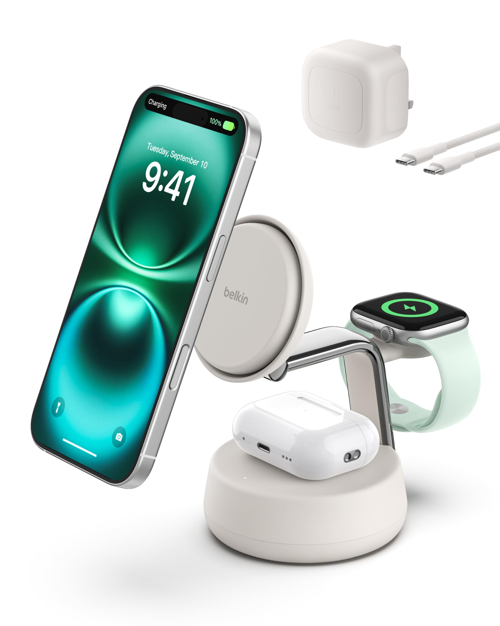 ایستگاه شارژ بی‌سیم Belkin UltraCharge Pro با توان 25 وات، شارژر 3 در 1 با گواهی Qi 2.2 که سازگار با MagSafe برای آیفون ۱۷، Air، اپل واچ، ایرپاد، پیکسل‌اسنپ، همراه با فن خنک‌کننده و آداپتور 45 وات - شن رنگ