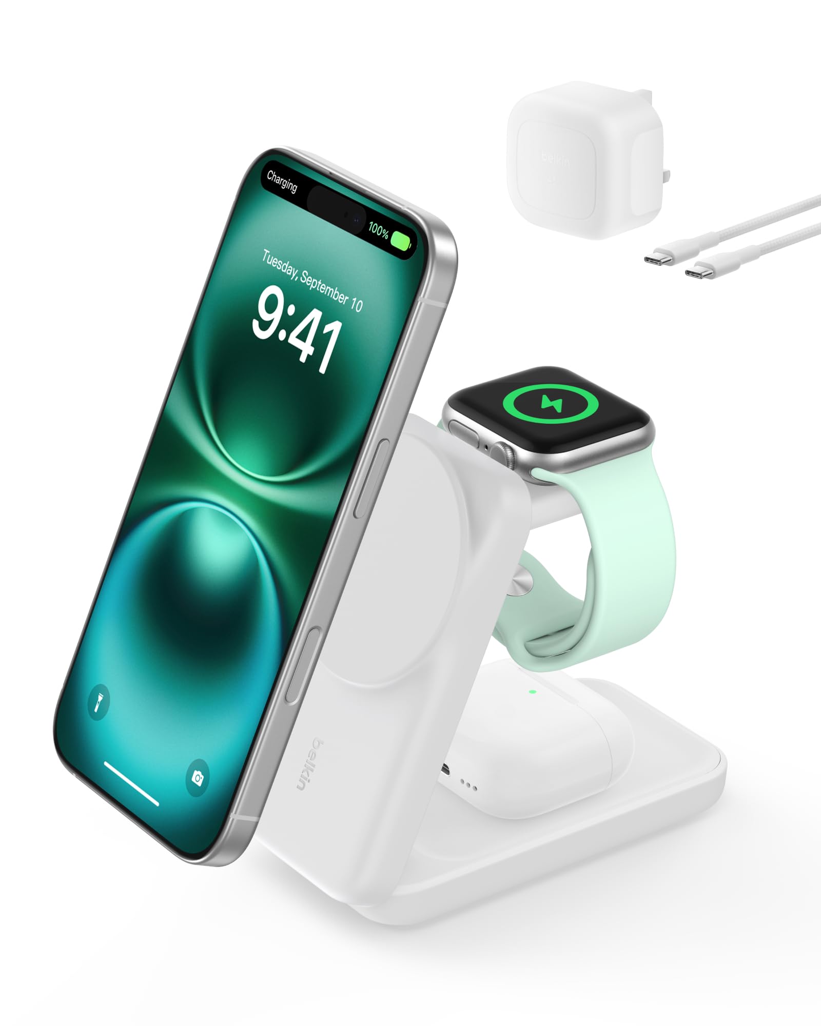 شارژر بی‌سیم مغناطیسی Belkin UltraCharge با توان 25 وات، شارژر سریع 3 در 1 مطابق با استاندارد Qi2 MagSafe، ایستگاه شارژ برای آیفون 17، اپل واچ، ایرپاد، و پیکسل‌سنِپ همراه با آداپتور 45 وات - سفید