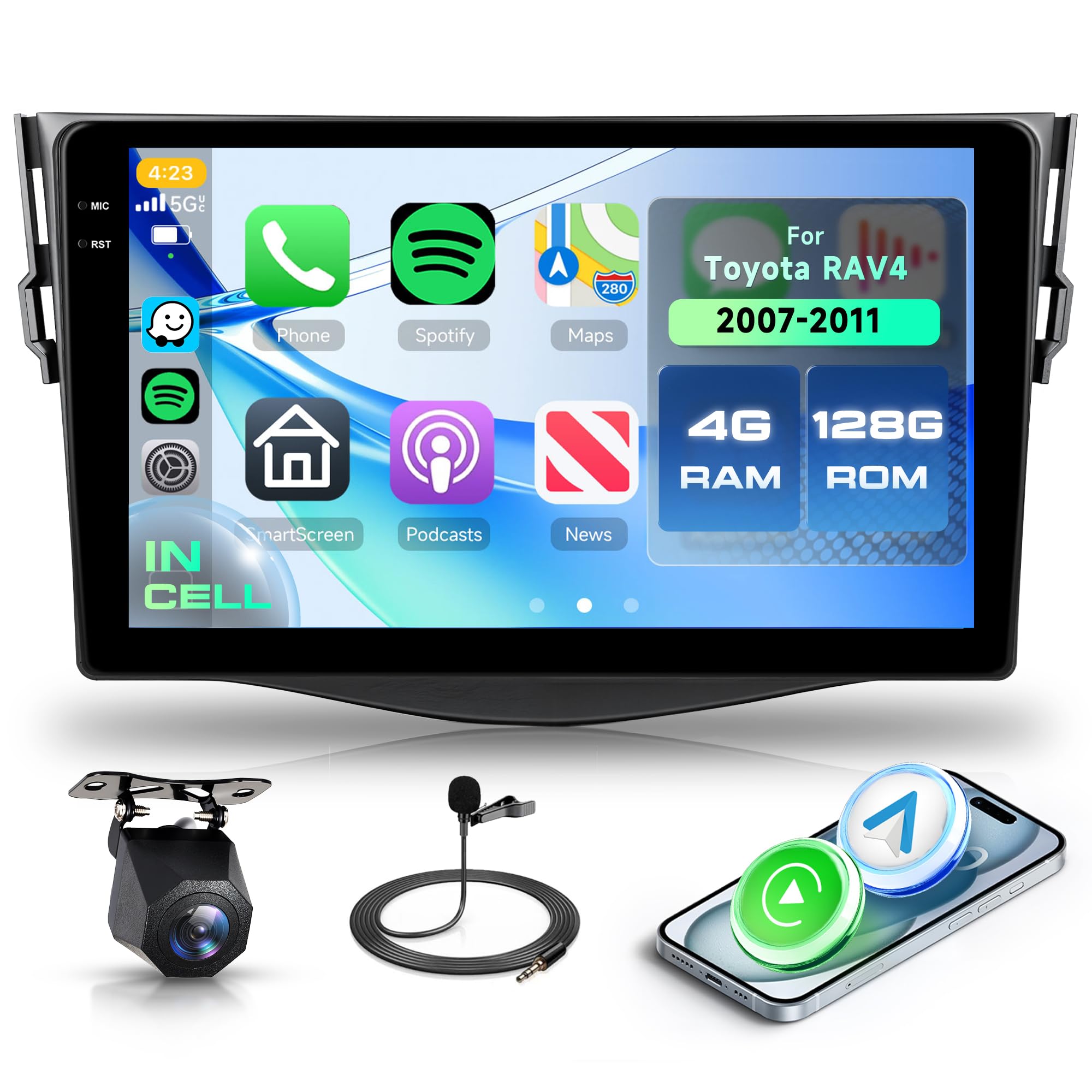 رادیو اندروید خودروی Rimoody 4G + 128G برای تویوتا RAV4 مدل‌های 2007-2012 با صفحه نمایش 9 اینچی HD، از طریق وایرلس Carplay، با ناوبری اندروید، GPS، اتصال آینه، بلوتوث، وای-فای، FM/RDS/EQ، کنترل فرمان، و عملکرد بازگشتی
