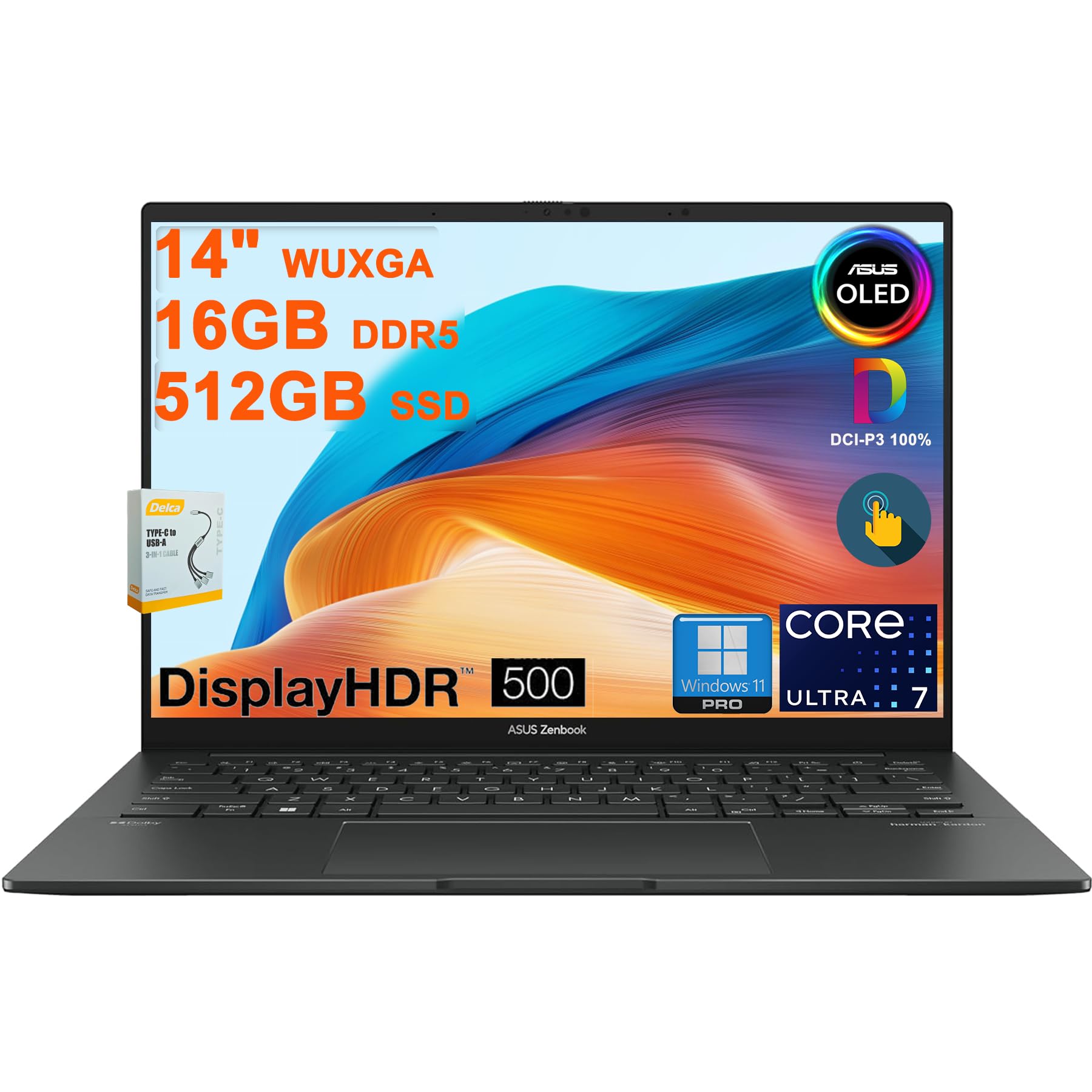 لپ تاپ ASUS Zenbook 14 OLED | صفحه نمایش لمسی OLED WUXGA 14 اینچ (100 درصد DCI-P3 ، 500 نیت HDR) | Intel 16-core Ultra 7 255H (تا 13 ترا وبایت) | 16 گیگابایت DDR5 و 512 گیگابایت SSD | ویندوز 11 Pro با پشتیبانی از اثر انگشت و نور پس زمینه | 16 گیگابایت DDR5 و 512 گیگابایت SSD Ultra 7 255H