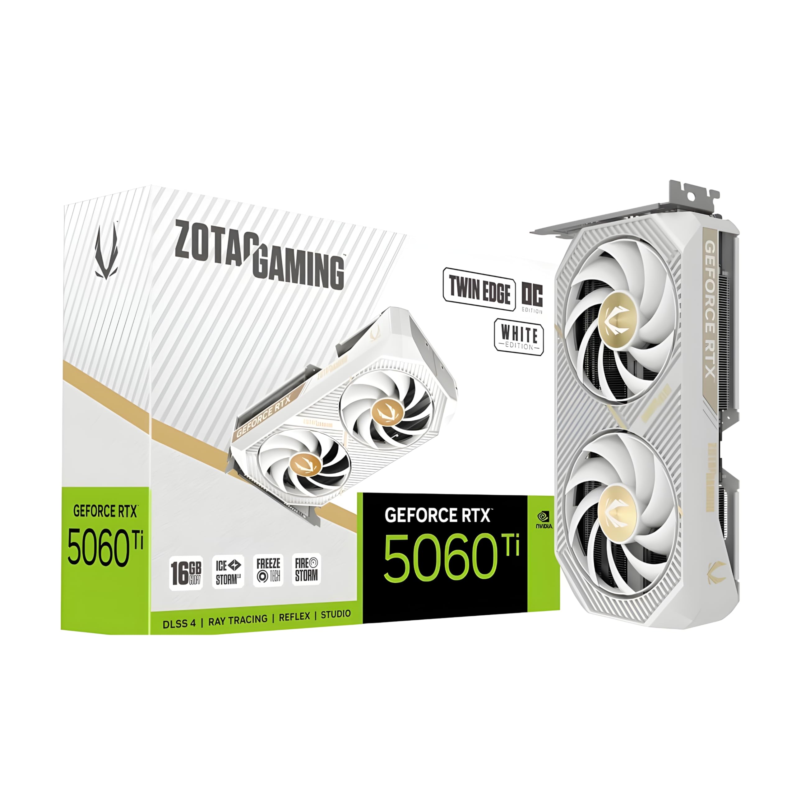 کارت گرافیک بازی ZOTAC Gaming GeForce RTX 5060 Ti 16GB Twin Edge OC ویرایش سفید DLSS ۴ ۱۶GB GDDR7 ۱۲۸ بیت ۲۸ گیگابیت بر ثانیه PCIE 5.0، خنک‌کن IceStorm 2.0، آماده‌ی SFF، ZT-B50620Q-10M