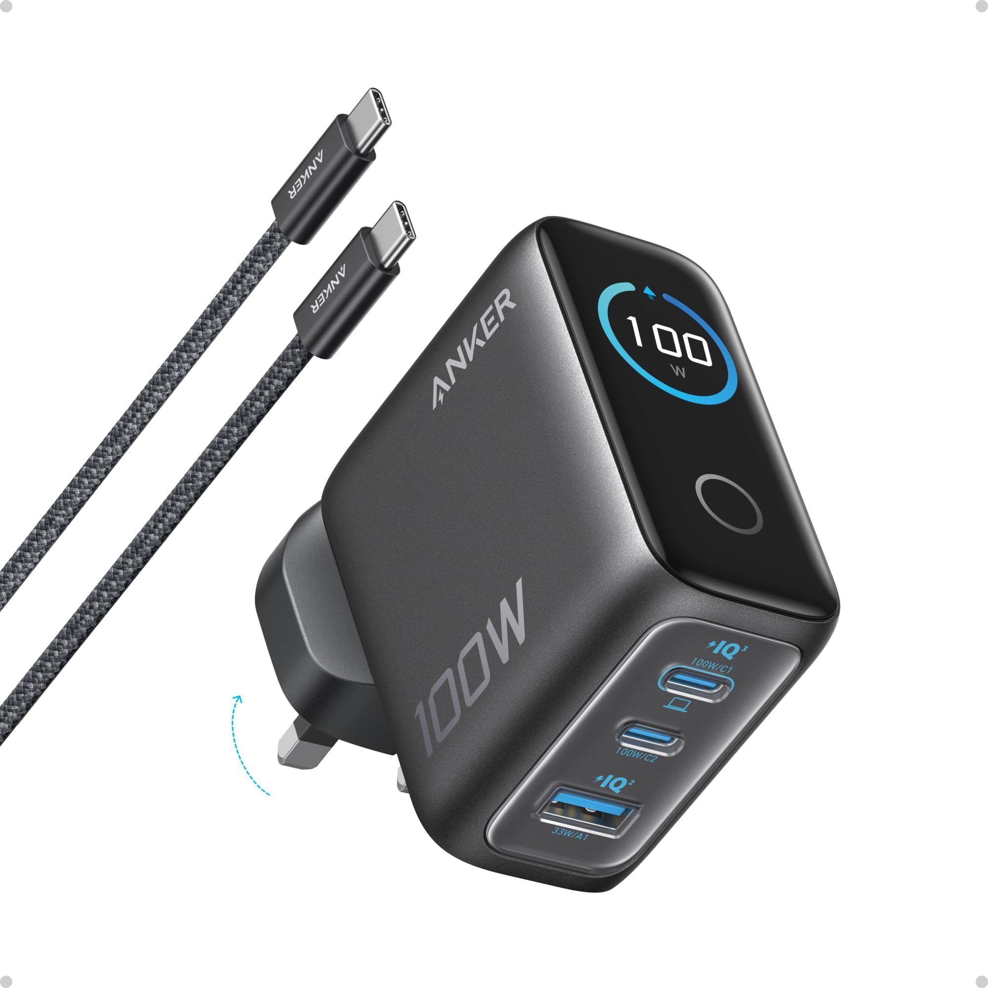 شارژر Anker، شارژر USB C 100 وات ماکس، آداپتور دیواری 3 پورت GaN و بسیار کوچک، نمایشگر هوشمند و کنترل لمسی، برای مک بوک، آیپد، آیفون سری 17/16/15 و موارد دیگر