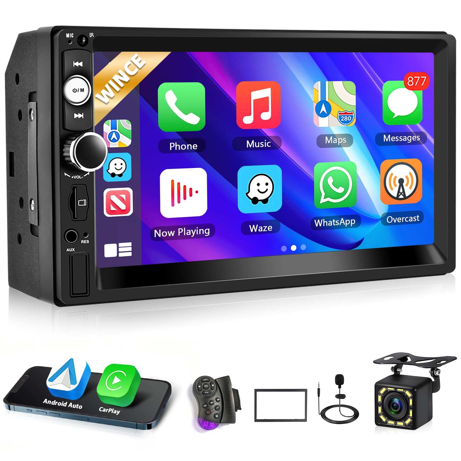 رادیو خودروی دو زنجیره‌ای Carplay بی‌سیم اندروید، پخش‌کننده MP5 کارآمد با صفحه نمایش لمسی HD 7 اینچ، پشتیبانی از بلوتوث 5.1/MirrorLink/FM/USB2.0/AUX/شارژ/کنترل از راه دور + دوربین عقب