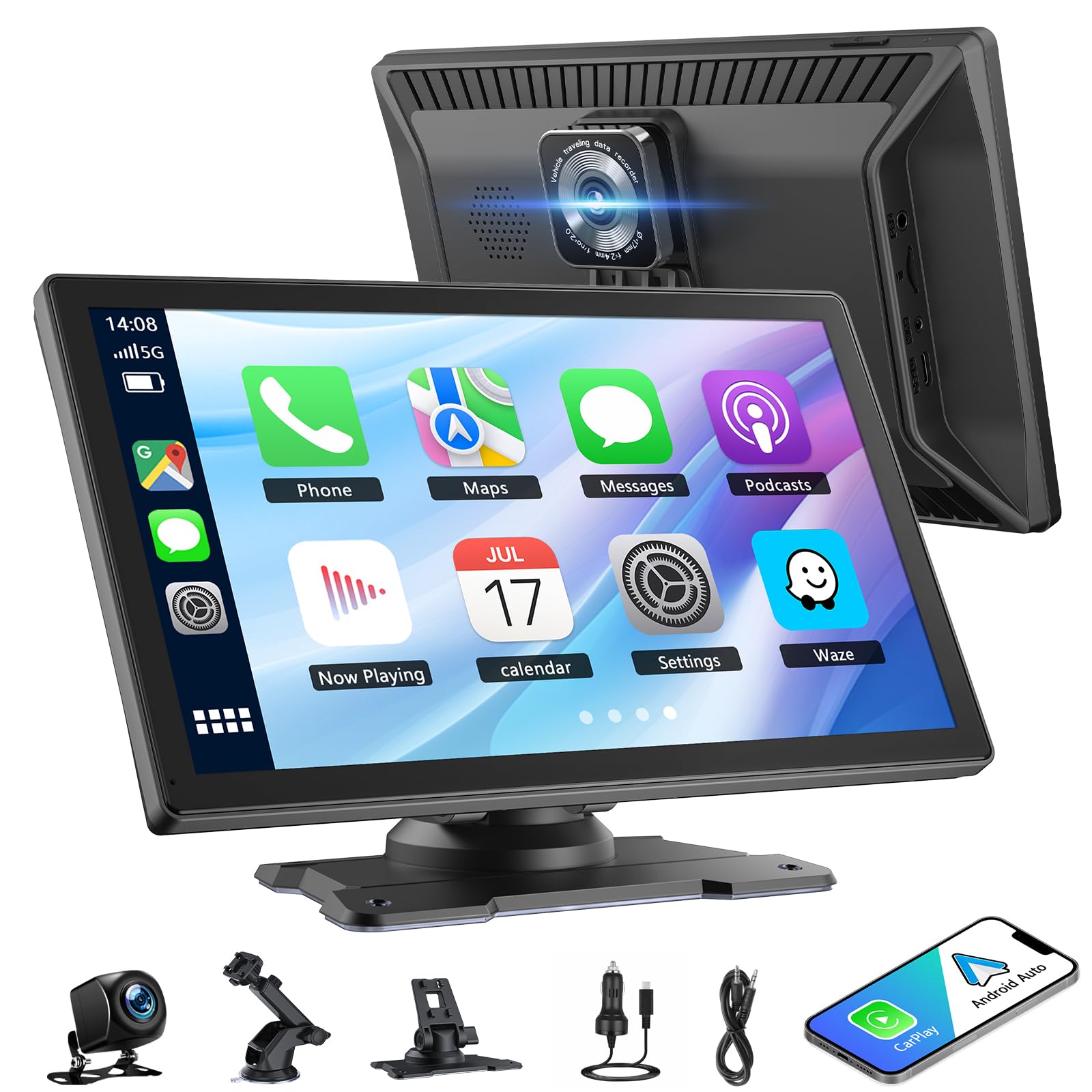 9 Inch Wireless Portable CarPlay Display for Apple Carplay & Android Car, with 4K Dash Cam 1080P Reversing Camera, Mirror Link, GPS Navigation, Bluetooth Siri Voice Control, 64G TF AUX FM 9 Zoll+Dual Camera