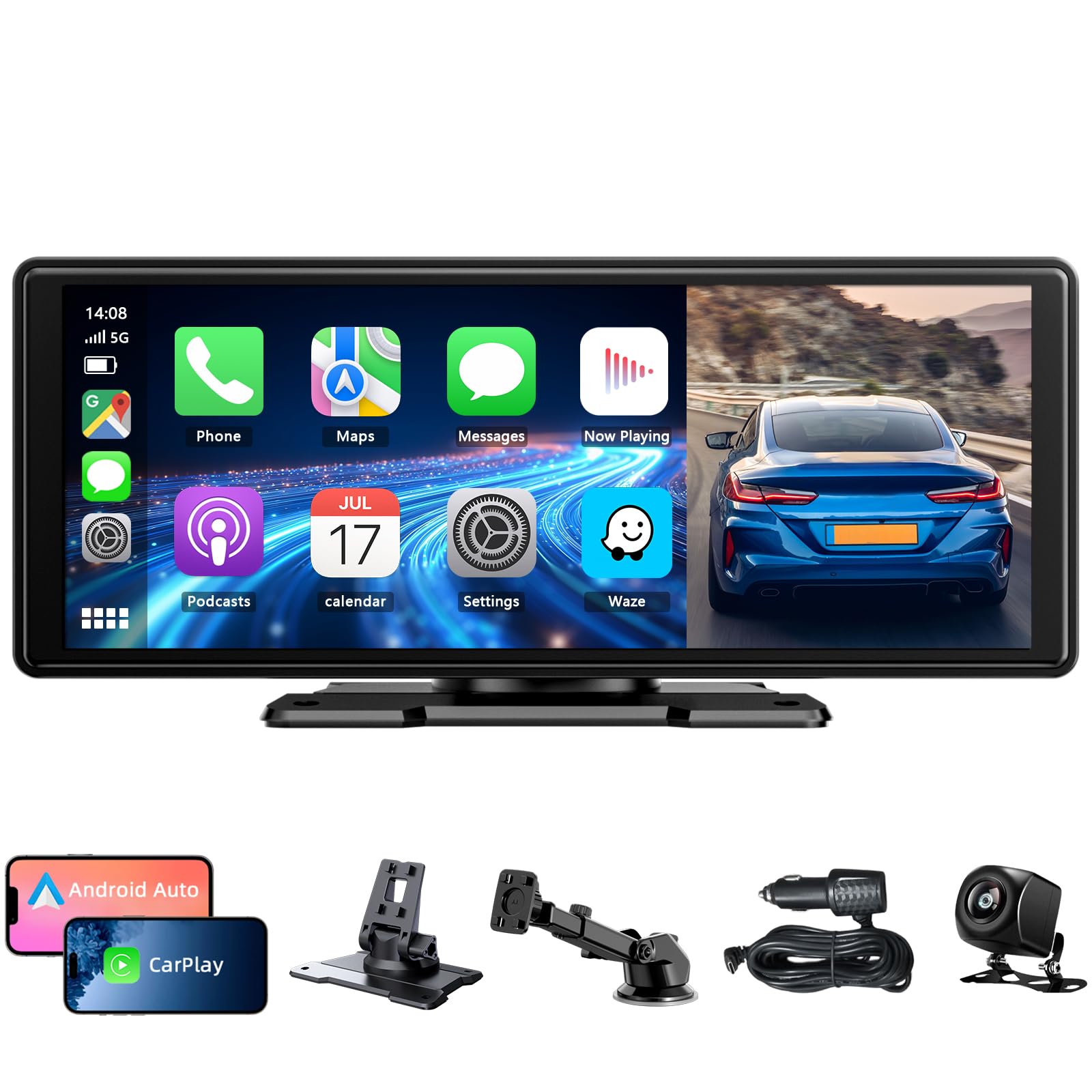 نمایشگر 10.26 اینچی Carplay، Apple Carplay، نمایشگر اندرویدی با دوربین پشتی 1080P HD، سیستم صوتی خودرو، نمایشگر قابل حمل با اتصال فوق‌العاده، ردیابی GPS، سیری، صوت بلوتوث، FM، AUX