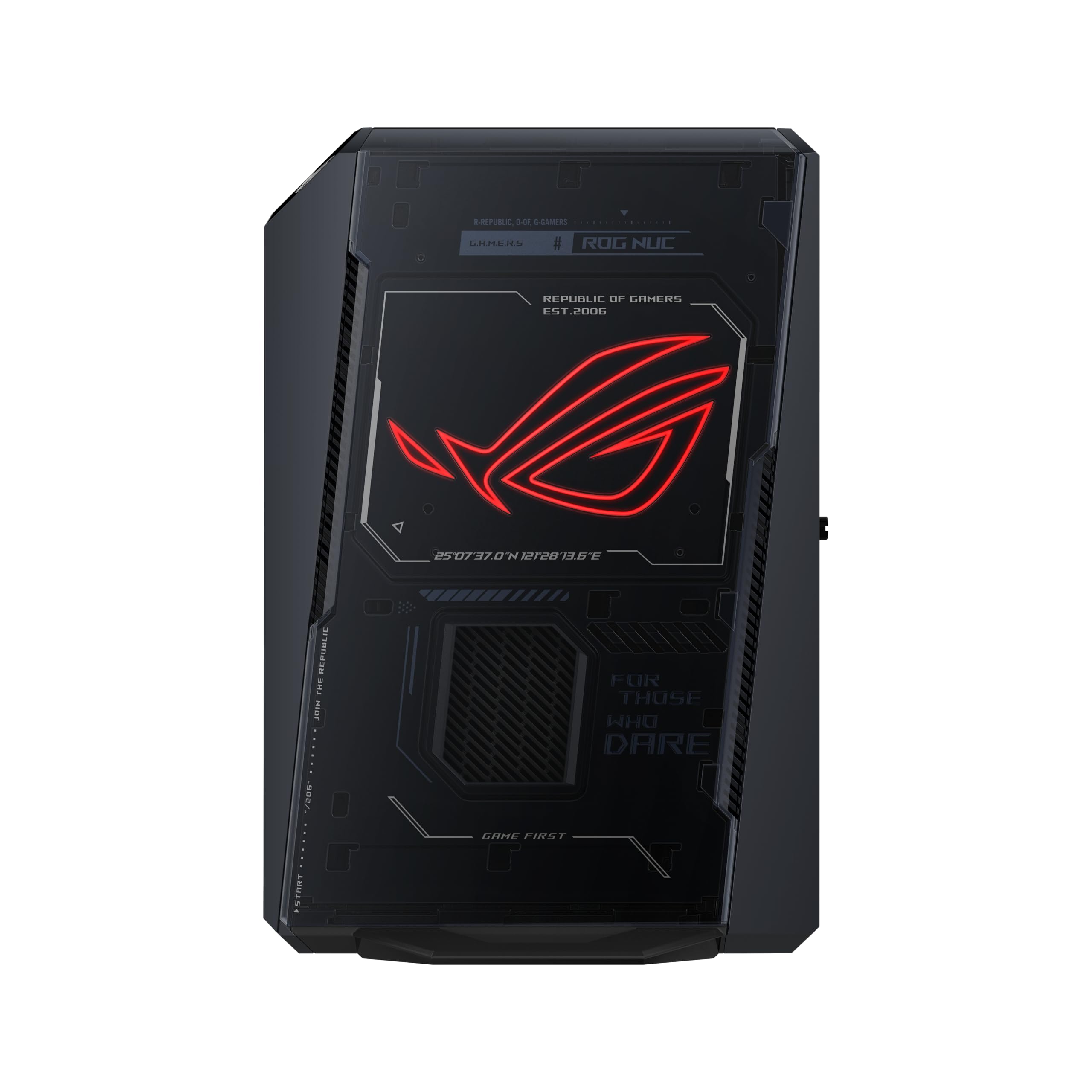 کامپیوتر کوچک بازی ROG NUC (2025) با پردازنده Intel® Core™ Ultra 9 (Series 2) ARL-HX، کارت گرافیک NVIDIA® GeForce RTX™ 5070 Mobile، 32 گیگابایت حافظه RAM DDR5، یک ترابایت حافظه داخلی NVMe SSD، Thunderbolt™ 4، سیستم خنک‌کننده سه فن و نورپردازی ARGB