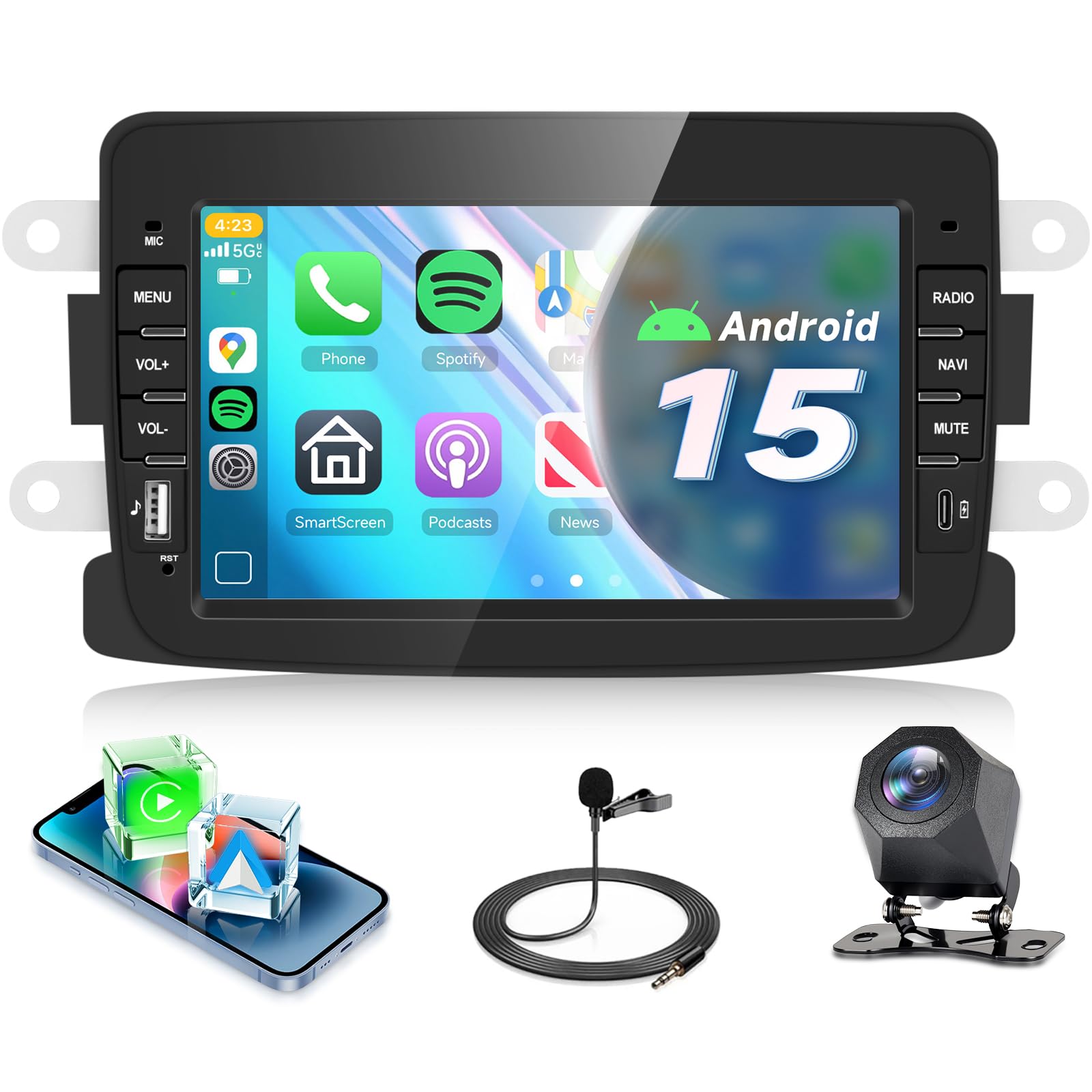 رادیو خودروی Hodozzy Carplay برای رنو کپچر داسیا ساندرو داستر لوگان لاجی با USB USB-C، رادیو خودروی رنو 7 اینچ 2 DIN با بلوتوث اندروید / 32 EQ / FM / RDS / SWC + دوربین عقب