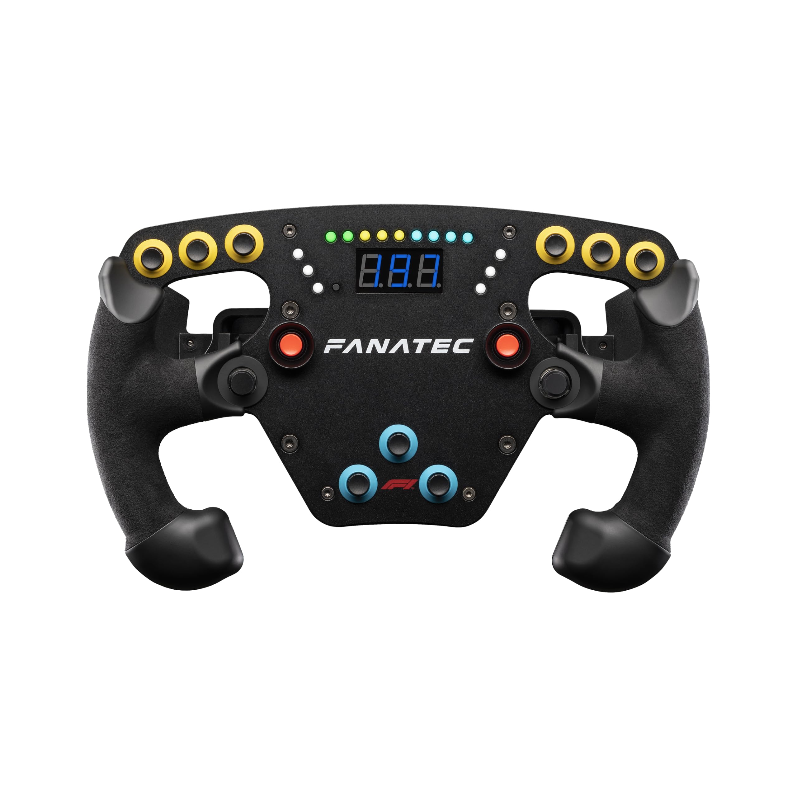 چرخ فرمول یک مدل FANATEC Sim Racing ClubSport Steering Wheel F1 Esports V2 – محصول رسمی مجوزدار فرمول 1™، دسته‌های الکانتارا، نمایشگر LED، دسته‌های مغناطیسی، موتورهای ارتعاش یکپارچه – برای کامپیوتر شخصی