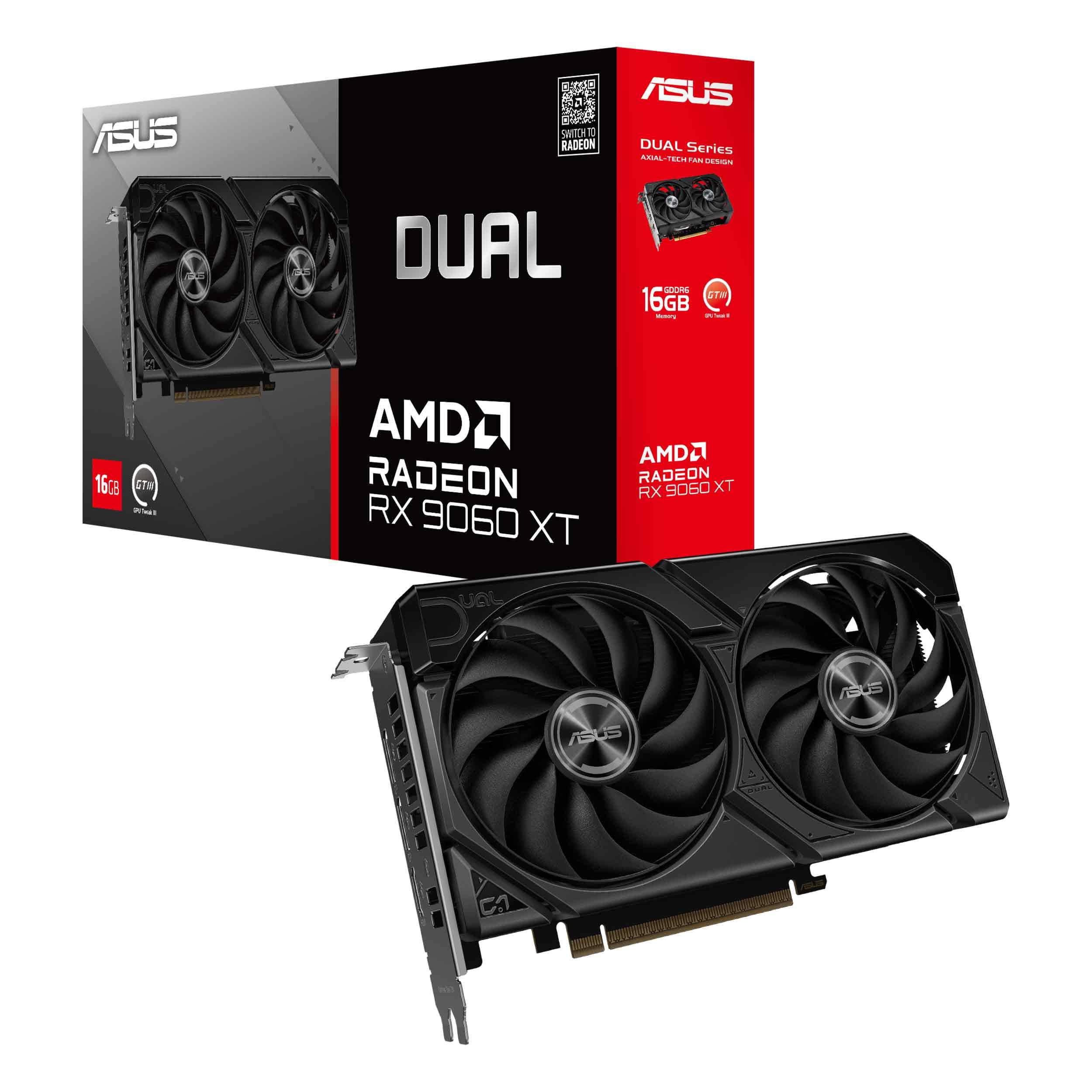 کارت گرافیک ASUS Dual Radeon™ RX 9060 XT 16GB GDDR6 (PCIe 5.0، HDMI 2.1b، DisplayPort 2.1a، طراحی 2.5-Slot، طراحی فن Axial-tech، تکنولوژی 0dB، و ... )