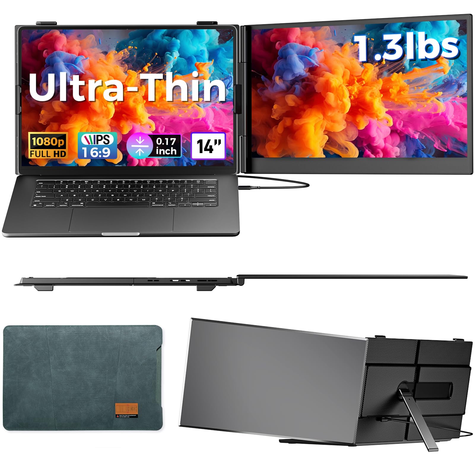 افزایش‌دهنده صفحه نمایش لپتاپ بسیار نازک، مانیتور قابل حمل دوگانه 14 اینچی FHD 1080P برای لپتاپ، وزن سبک 1.3 پوند برای مانیتور سفری، سازگار با اندازه 13 تا 17.3 اینچ، پلاگ اند پلی برای ویندوز/مک/اندروید/کروم