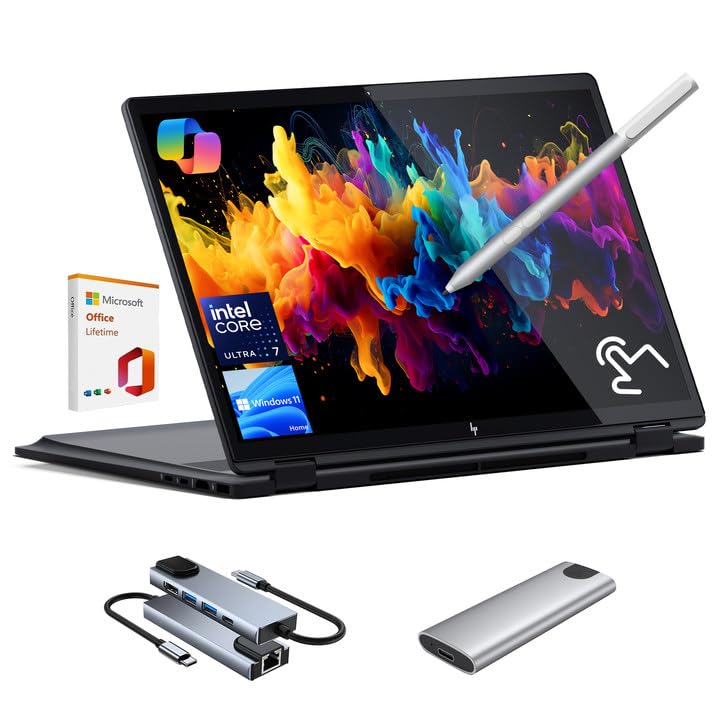 لپ تاپ ۲ در ۱ HP OmniBook X Flip، لپ تاپ لمسی ۲K ۱۶ اینچی، Intel Core Ultra 7، Arc 140V GPU Copilot+ PC، Thunderbolt ۴، همراه با لوازم جانبی ۳ در ۱، با افتخار اداری مادام‌العمر، ویندوز ۱۱ هوم (۱۶GB RAM + ۲TB SSD)