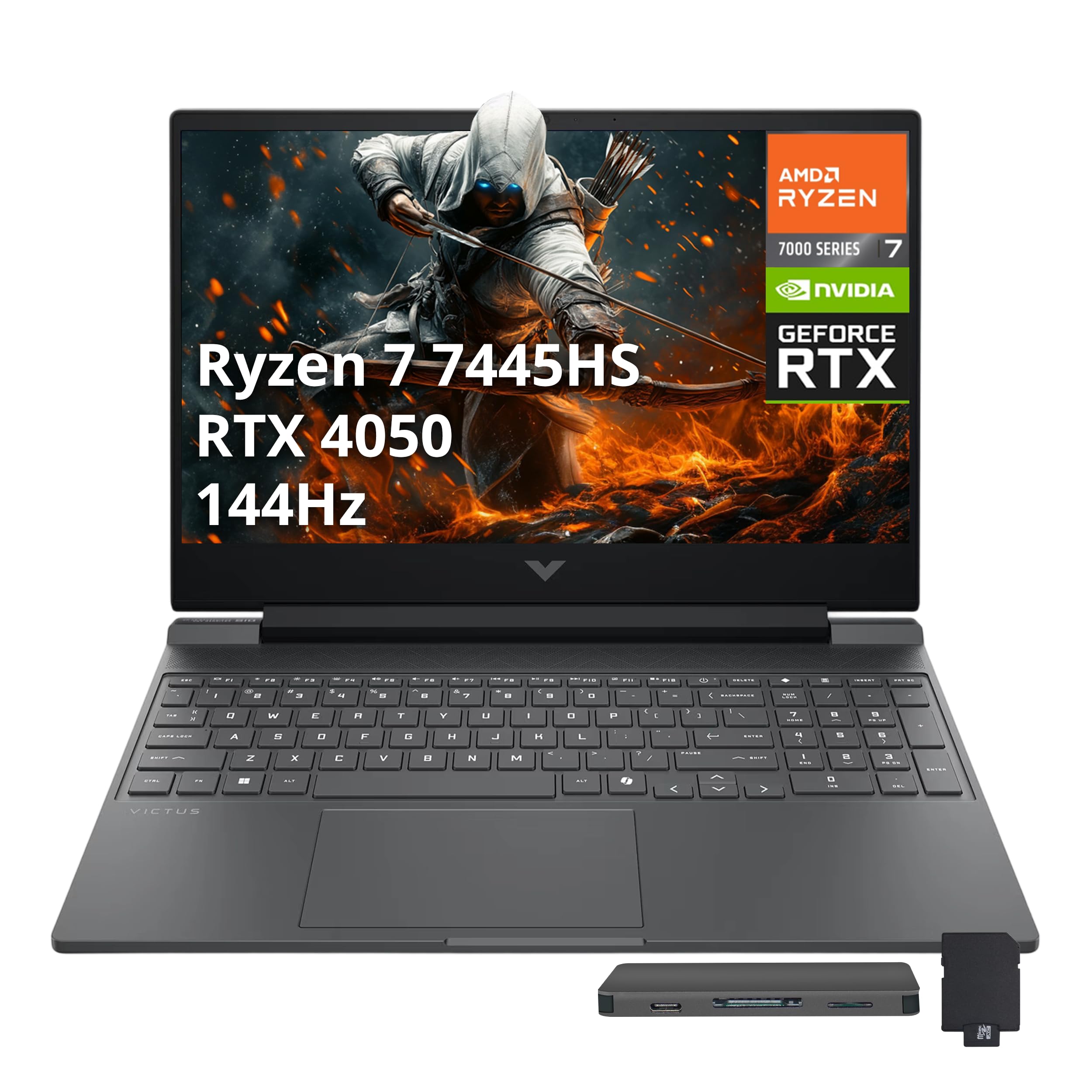 لپ تاپ بازی HP Victus 15.6 اینچ FHD 144Hz، AMD Ryzen 7 7445HS، NVIDIA GeForce RTX 4050، 16GB DDR5، 1TB PCIe SSD، صفحه کلید با نور پس زمینه، Copilot، Wi-Fi 6، Windows 11، رنگ نقره‌ای میکا، مجموعه ایستگاه Docking 1TB حاوی 16GB DDR5 | 1TB PCIe SSD
