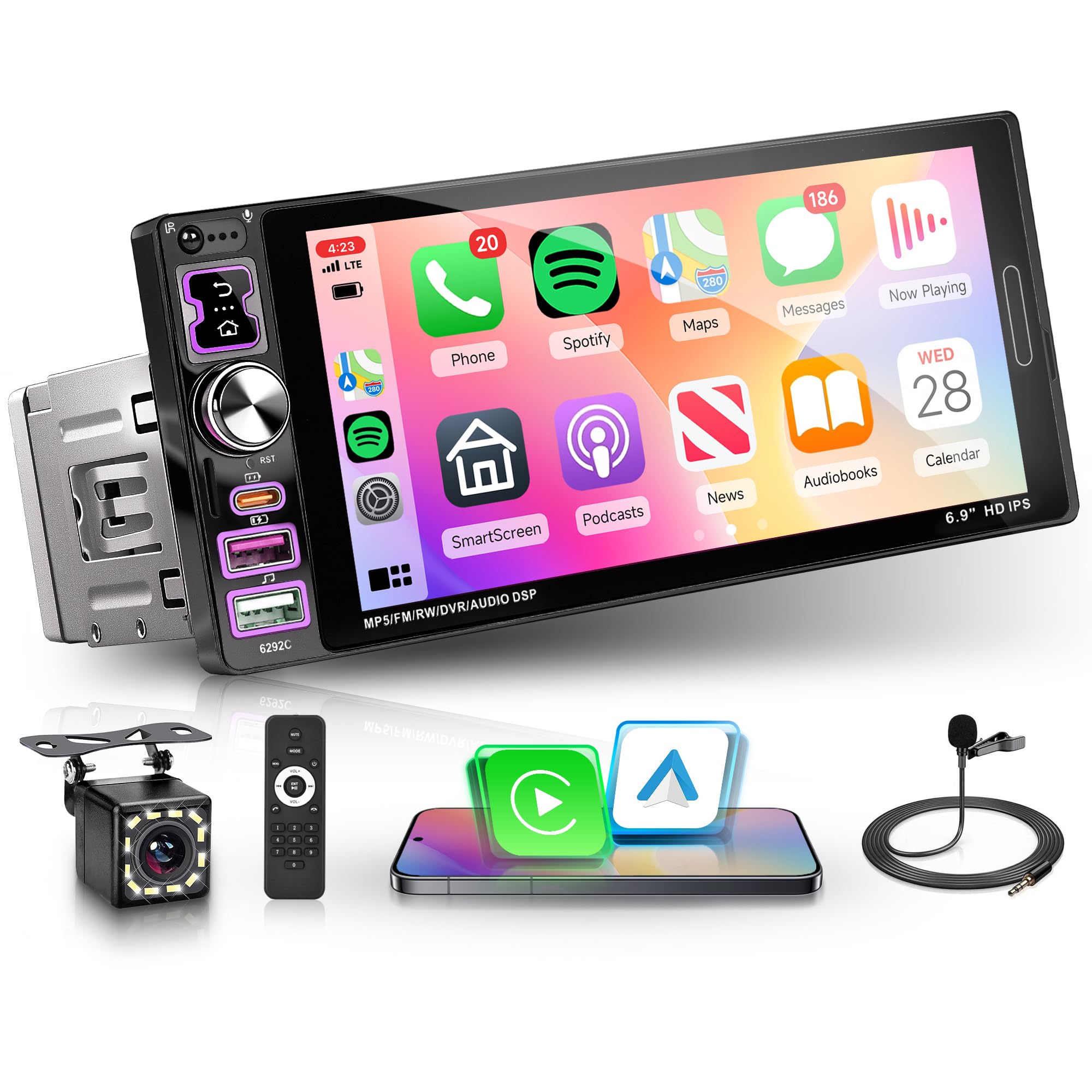 رادیو خودروی Rimoody 1 DIN با Carplay اندروید و IOS/Android Mirror Link صفحه نمایش لمسی 6.9 اینچی رادیو خودروی تک DIN با بلوتوث FM رادیو USB/AUX/DVR/EQ کنترل فرمان، دوربین عقب