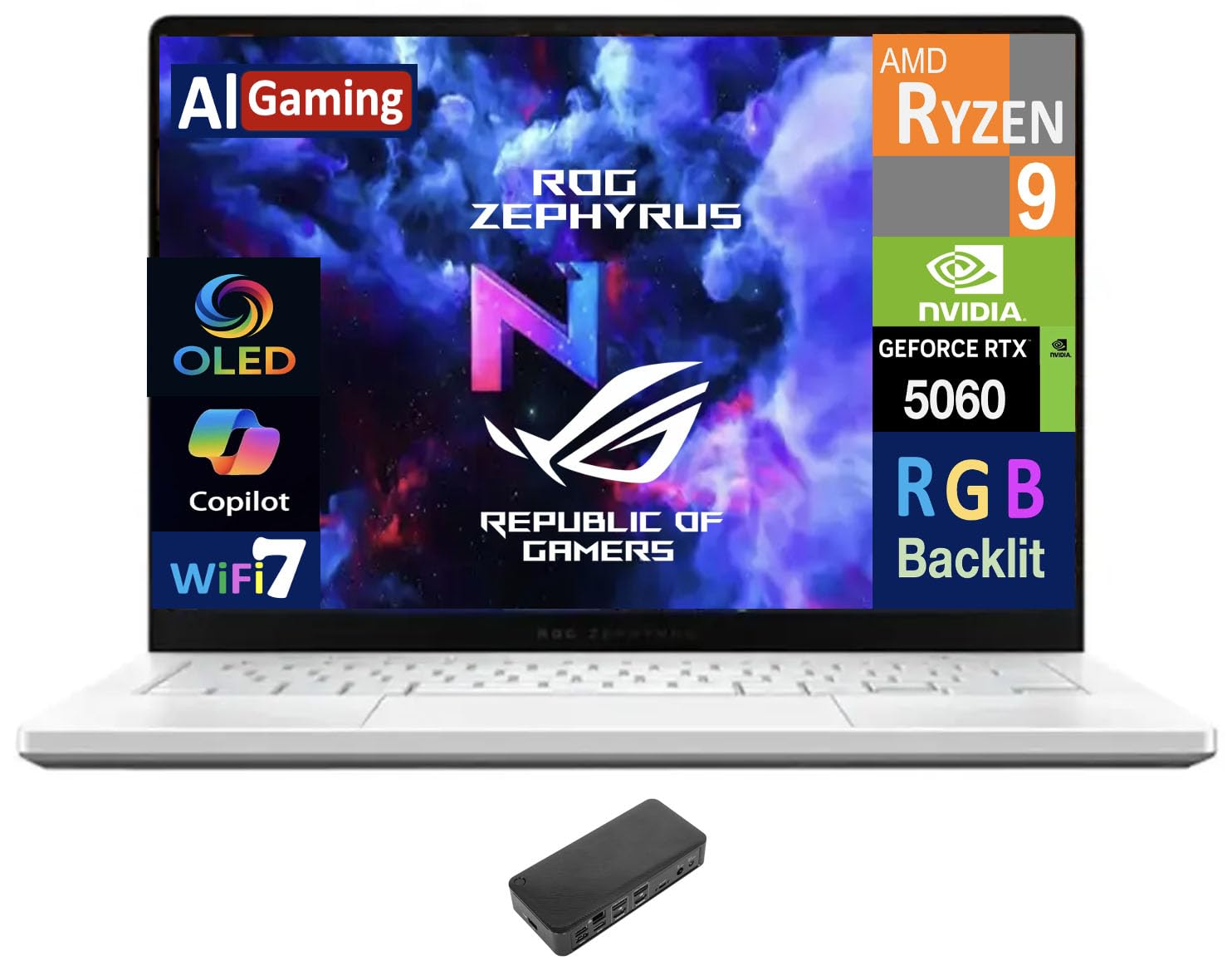 لپ‌تاپ بازی ASUS ROG Zephyrus AI 14.0 اینچی با نمایشگر OLED 120Hz وضوح 2.8K (AMD Ryzen 9 270, GeForce RTX 5060 8GB, 16GB LPDDR5X, 2TB PCIe SSD, صفحه کلید RGB, WiFi 7, وبکم, ویندوز 11 Pro) همراه با داک USB-C، 16GB RAM، 2TB SSD ویندوز 11 Pro.