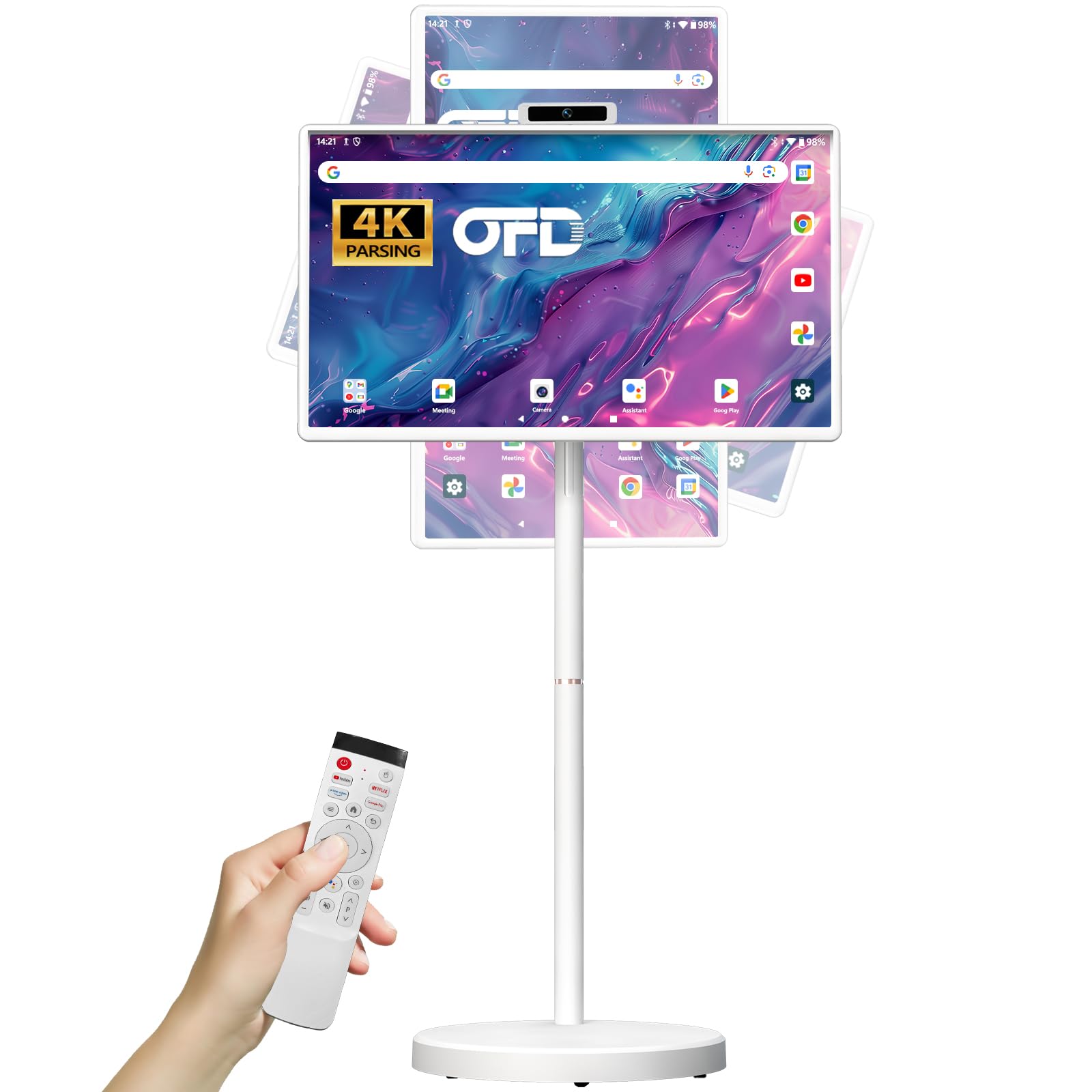 تلویزیون قابل حمل OFD 32 اینچ با صفحه نمایش لمسی و چرخ ها، کیفیت تصویر فول اچ‌دی 1080پی، 6 گیگابایت رم+128 گیگابایت حافظه داخلی، سیستم عامل اندروید 15، گواهینامه EDLA، تبلت تلویزیون با قابلیت چرخش، باتری 9600 میلی‌آمپرساعت، وب‌کم 5 مگاپیکسل، کنترل از راه دور، بلندگو، دارای قابلیت چرخش کامل