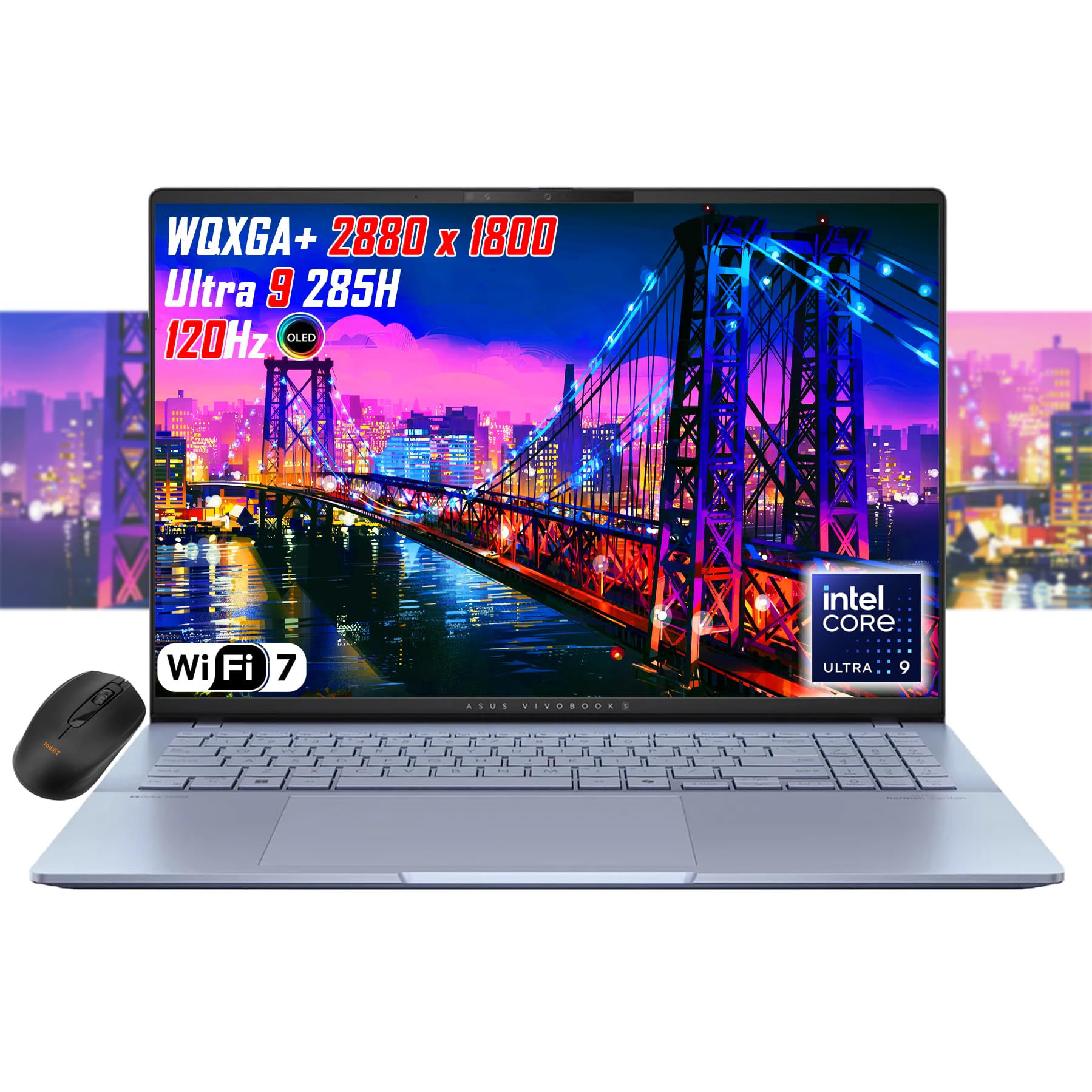 لپ تاپ نازک ایسوس Vivobook 16 اینچی با صفحه نمایش OLED WQXGA+(2880x1800)، پردازنده اینتل کور Ultra9 285H، Wi-Fi 7، صفحه کلید RGB Backlit، 2X Thunderbolt 4، وبکم Full HD، ویندوز 11، موس بی‌سیم، 32 گیگابایت رم و 1 ترابایت حافظه داخلی SSD