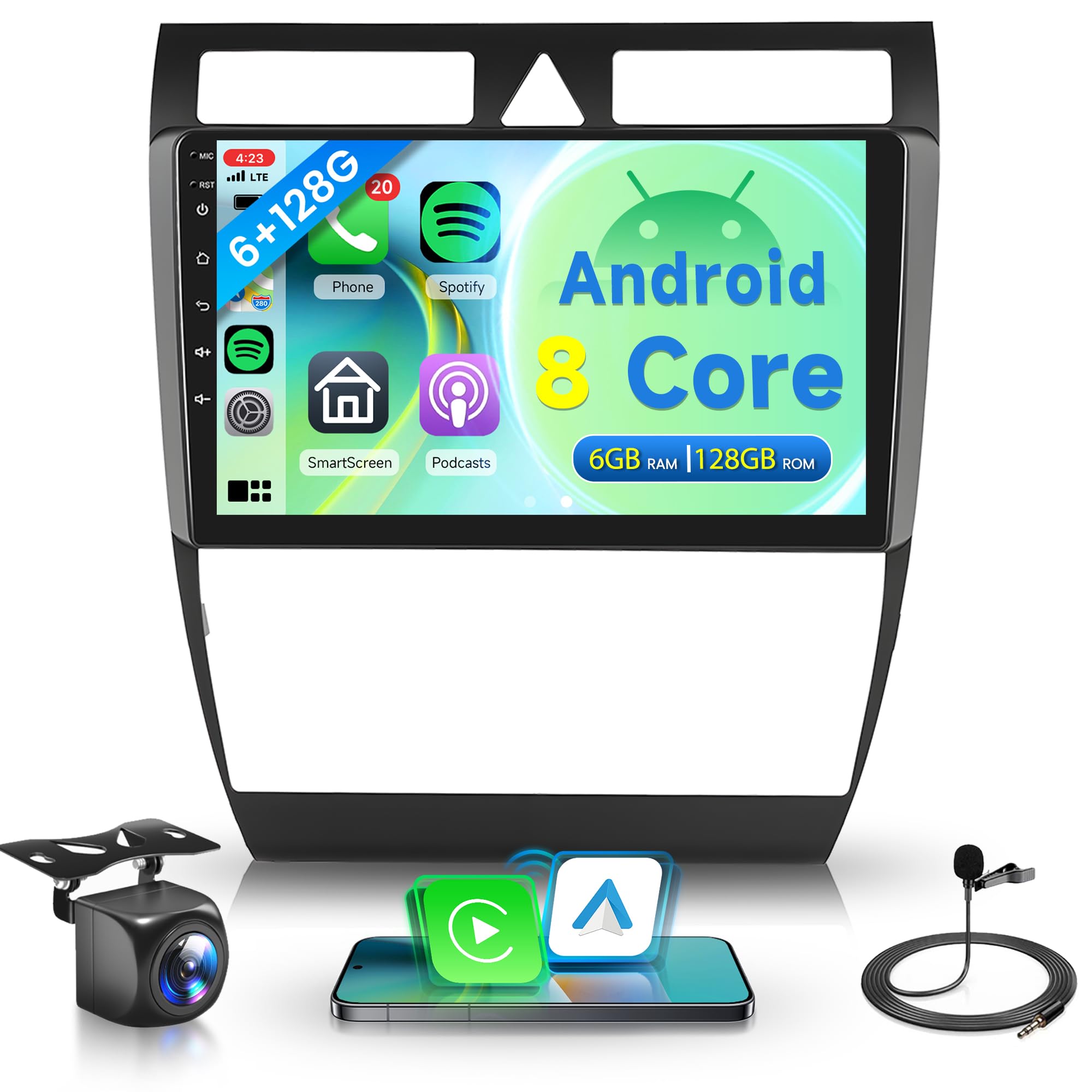 رادیو خودروی بی‌سیم 6G+128G با قابلیت Carplay اندروید برای آئودی A6 C5 1997-2004، S6 1999-2004، RS6 2002-2006