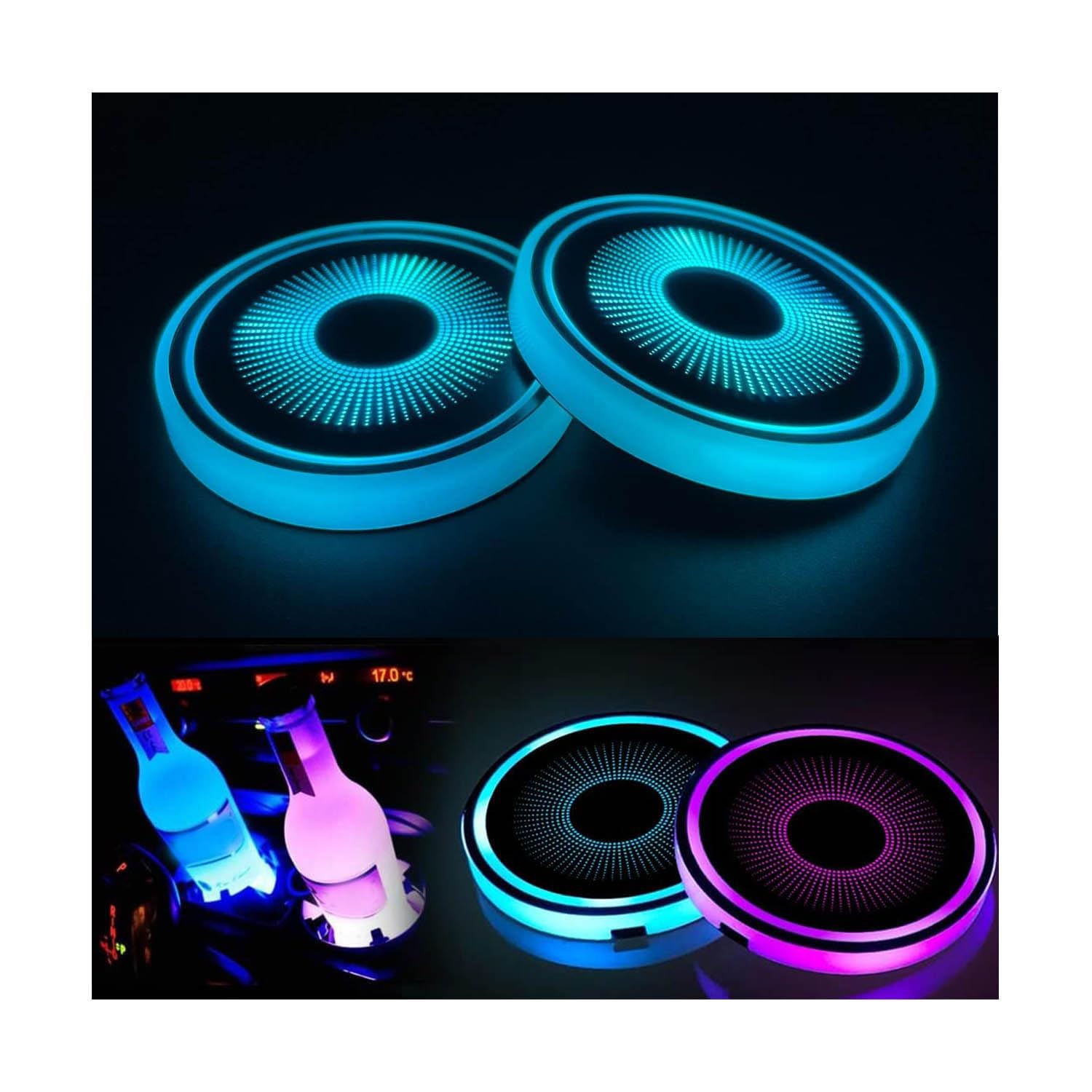 2 عدد چراغ LED نگهدارنده فنجان، شیشه‌دارهای اتومبیل با تغییر رنگ و دارای باتری قابل شارژ USB، لومینسانت، لوازم جانبی خفقانی اتومبیل‌های خنک برای نوجوانان، لوازم جانبی داخلی اتومبیل برای مردان و زنان